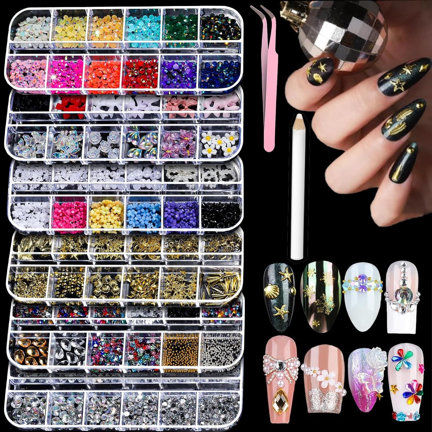 Lot de 6 boîtes de breloques pour ongles - Or et argent - 3D - Étoile - Décoration d'ongles - Micro caviar pour ongles + pendentif avec nœud - Alliage - Décoration des ongles (6 C)