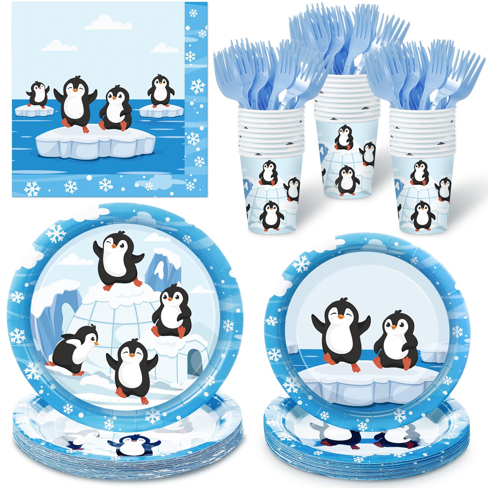 Zubebe 120 Pcs Penguin Birthday Party Disposable Tableware Set Penguin Paper Plates Napkins Winter Theme Dinnerware Decorations, serve for 24 Guests