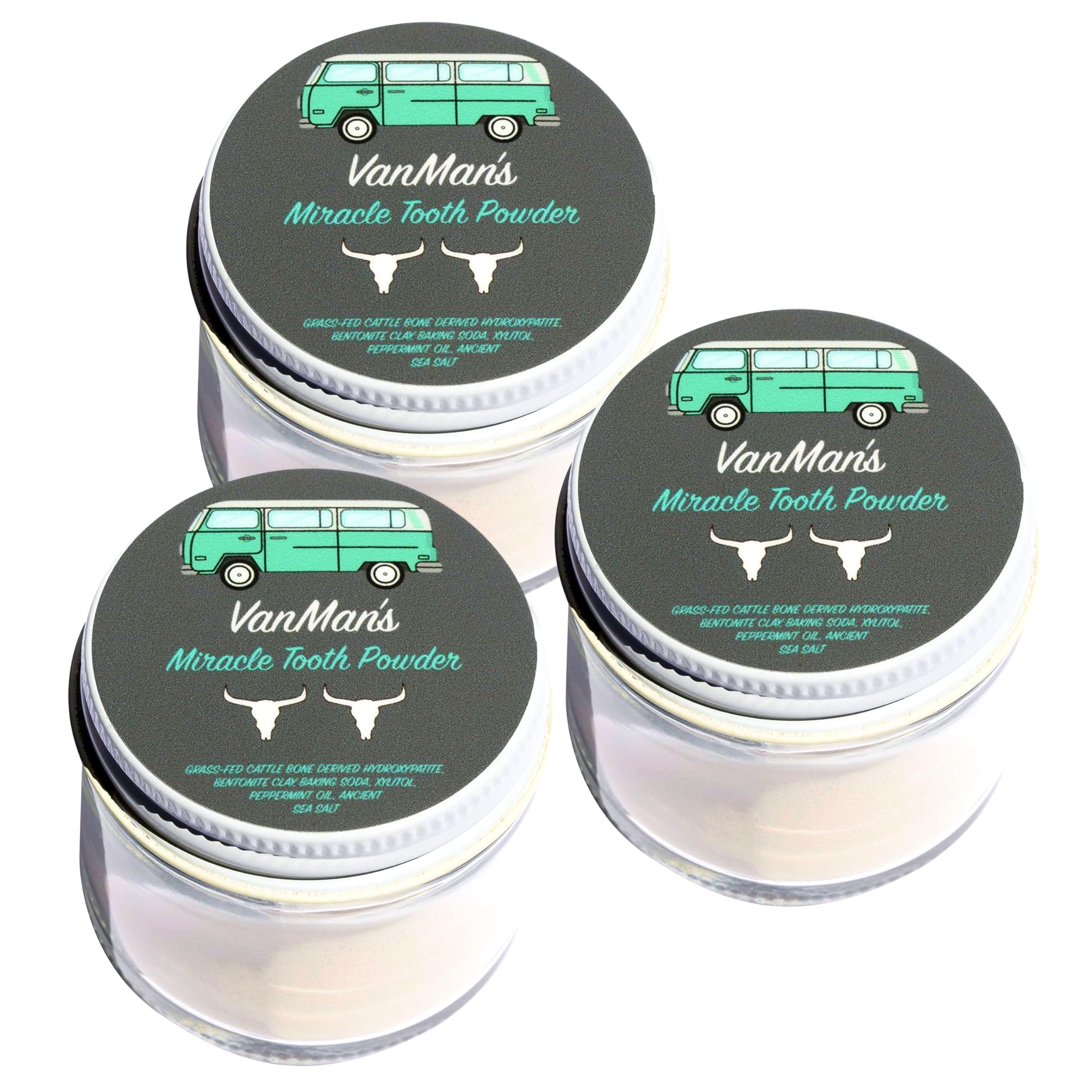 Vanman’s - Mint and Bone Tooth Powder Toothpaste (3 Pack) - Remineralizing Tooth Powder with Cattle Bone Derived Hydroxyapatite, Bentonite Clay, Peppermint Oil and Baking Soda - 2.2 oz