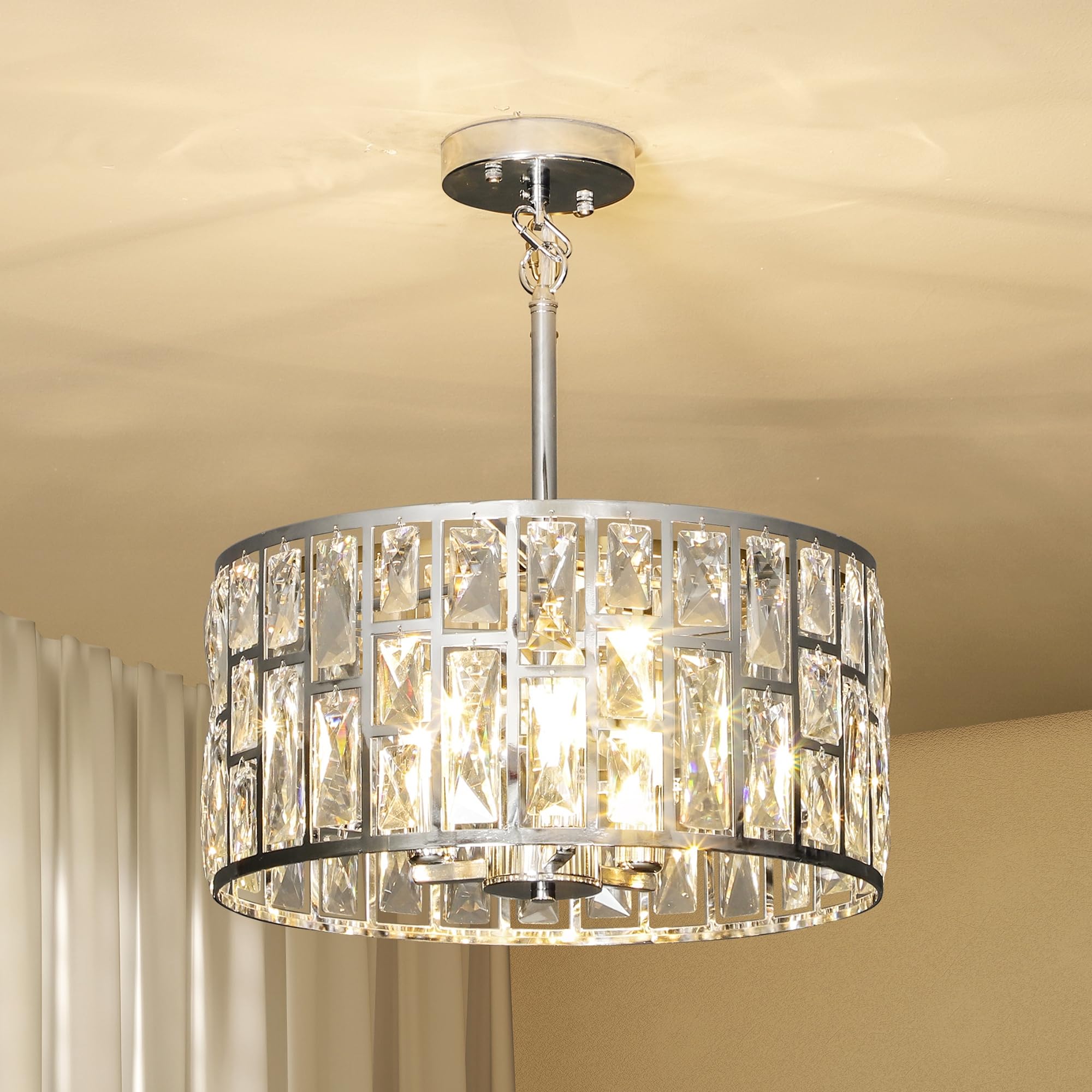Homcom Light/Silver Modern Flush Mount Ceiling Crystal Chandelier For Living Room