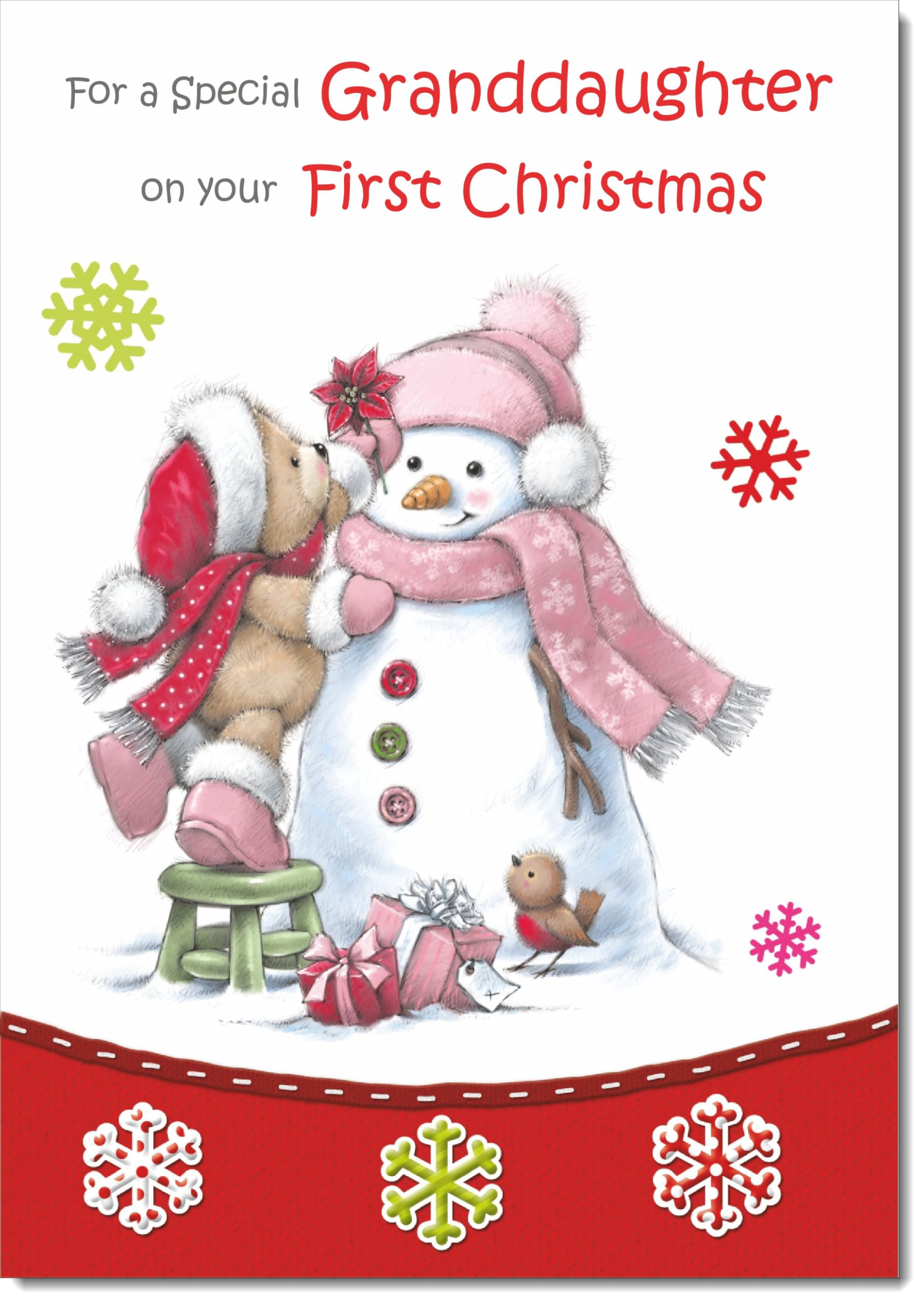 doodlecards Granddaughters 1st First Christmas Card Cute Bear with Snowman Large A4 Size Christmas Card for Granddaughters 1st with Plain Envelope โ image 1