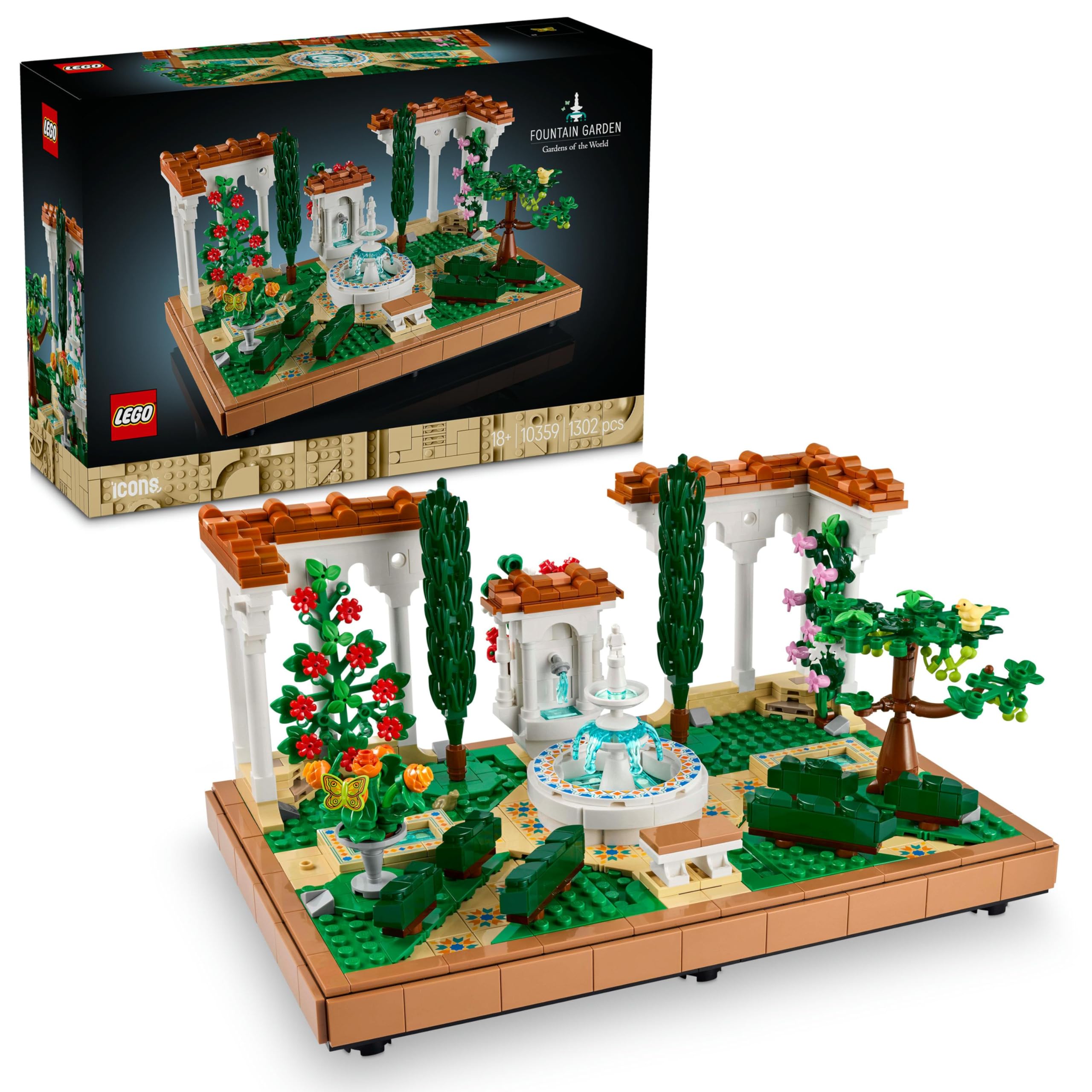 LEGO Icons Fıskiyeli Bahçe 10359 – Yetişkinler İçin Ev ve Ofis Dekoru, Selvi Ağaçları, Çiçekler ve Hayvan Figürleri içeren Sergilenebilir Bahçe Modeli Yapım Seti (1302 Parça)