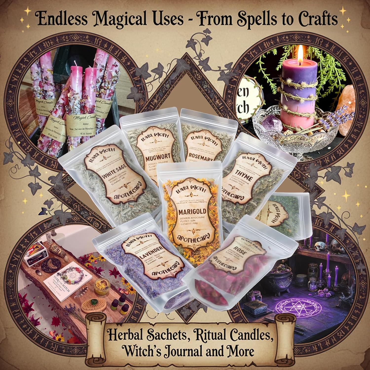 8 Pcs Dried Herbs and Flowers for Witchcraft, Bulk Dried Botanical for Candle Soap Making, Potpourri Simmer Pot, DIY Crafts Resin, Large Capacity Lavender Mint Rose Rosemary for Witchy Beginners Gifts