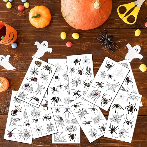 Miniatura 6 de Casciybo 10 hojas de tatuajes temporales de telaraña de Halloween para niños y adultos, calcomanías de tatuaje falsas de araña realistas, regalos de