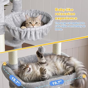 Hey-brother Cat Tree Tower, 71.5 Inches Scratching Posts with Extra Large Platform, 2 Cozy Condos, 2 Hammocks and Scratch Boards, Multi-Level House for Multiple Indoor Cats, Smoky Gray MPJ085W