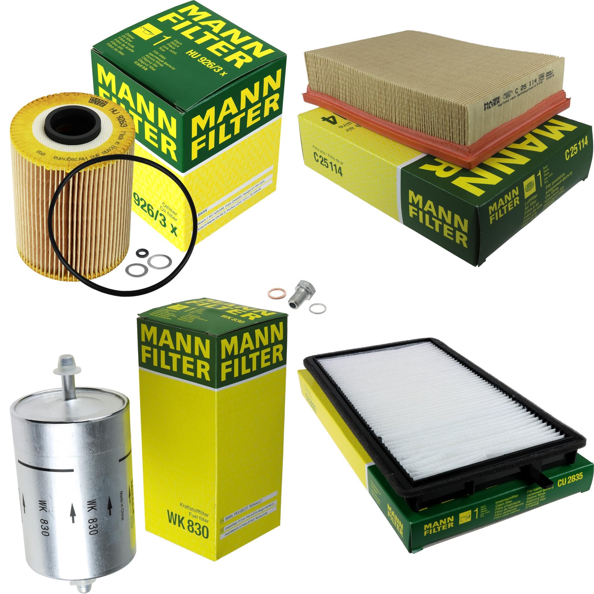 Paquete de inspección Kit de mantenimiento de filtros con filtro de aceite HU 926/3 x, filtro de aire C 25 114, filtro de combustible WK 830, filtro de habitáculo CU 2835, tornillo de cierre