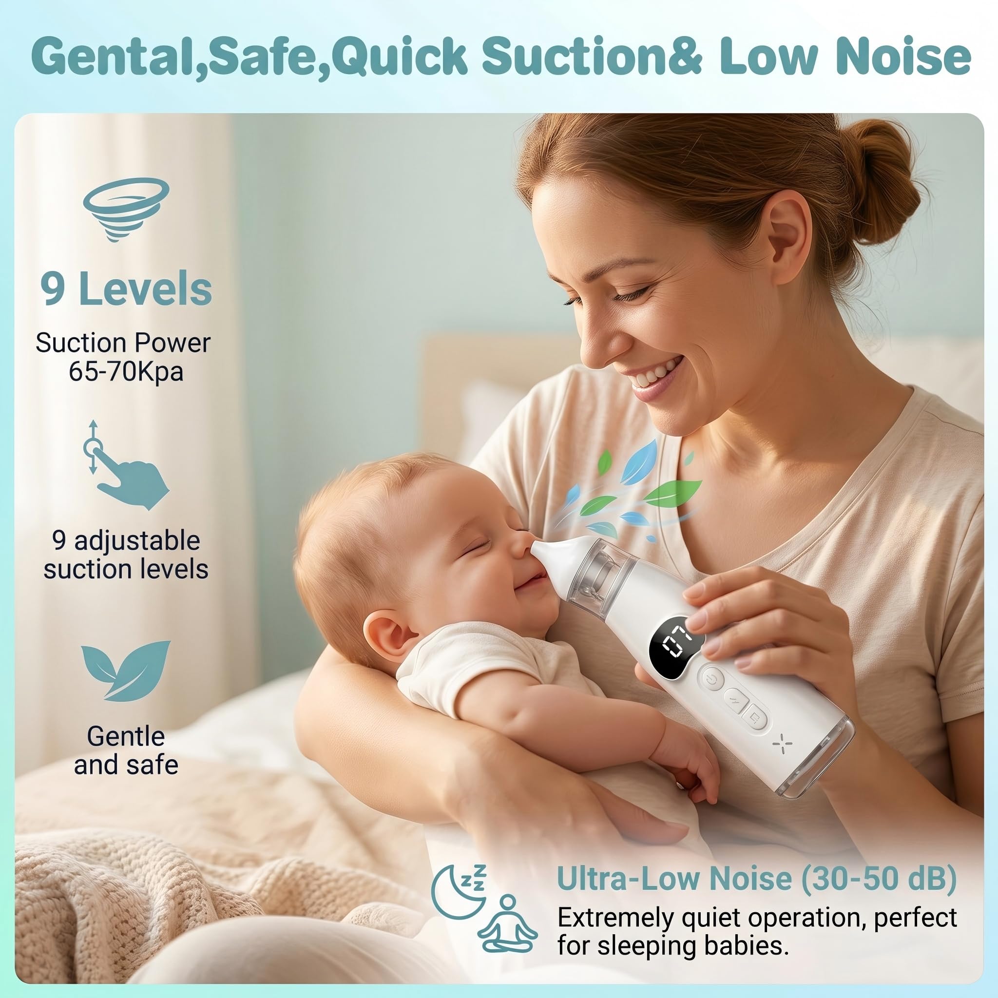 Mouche Bébé Électrique, Aspirateur Nasal Bébé 60Kpa avec Écran LCD, 9 Niveaux d'Aspiration, Mouche-Bébé Rechargeable USB-C, Silencieux (<60dB), Anti-reflux– Pour Nouveau-nés Bébés Enfants