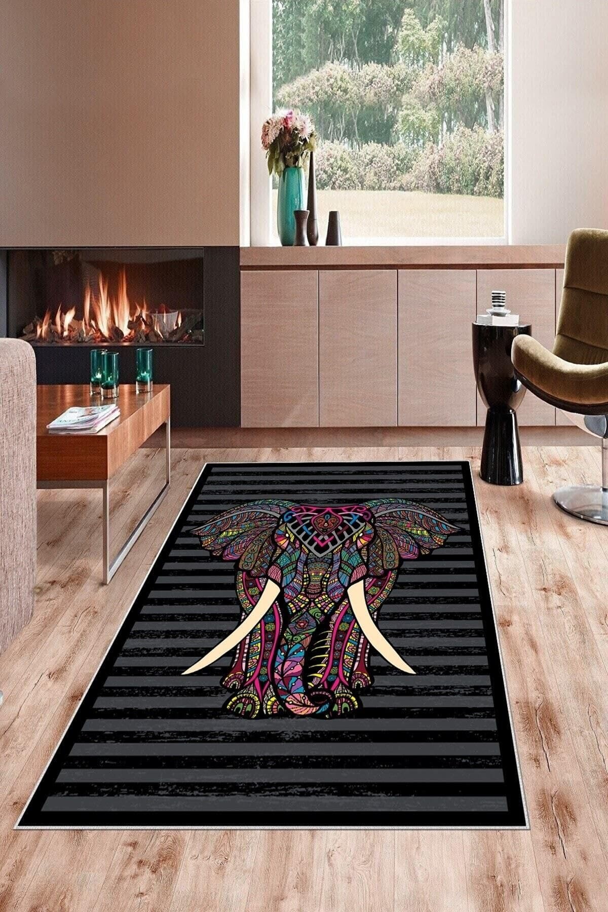 Pelangi Siyah Gri Çizgili Fil Desenli Yıkanabilir Kaymaz Taban Leke Tutmaz Modern Salon Halısı Ve Yolluk, Siyah 130 x 180, 135830713018005