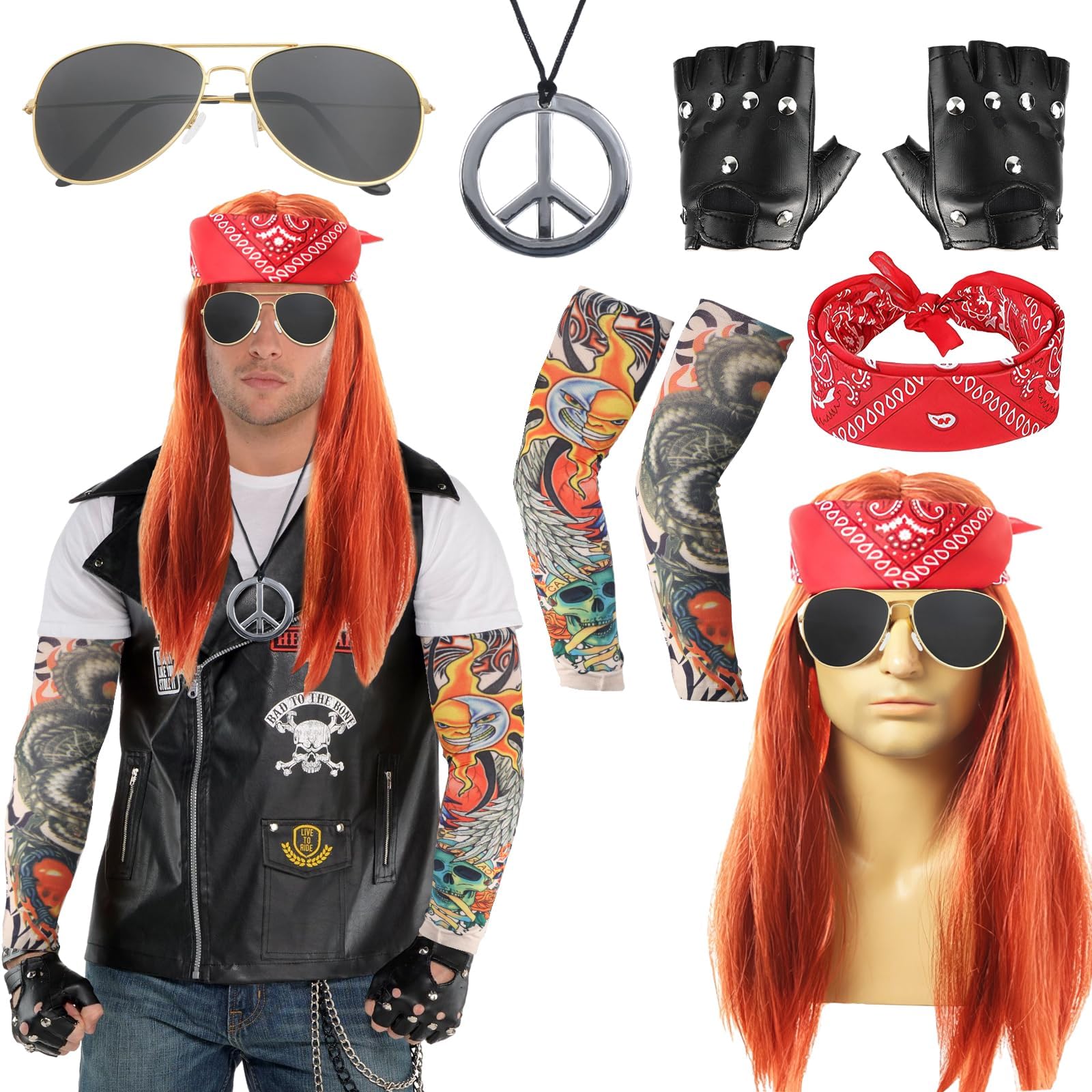 8 Pcs Rockstar Fancy Dress, Glam 80s 90s Men Costume Outfit with Heavy Metal Wigs Vintage Headband Sunglasses Gloves Tattoo Sleeves Necklaces Rock Hard Rocker Accessories World Book Day Costumes