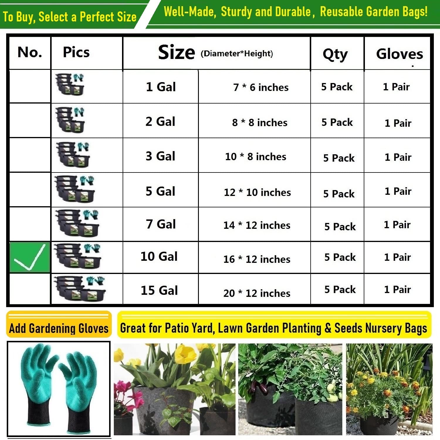 Paquete de 5 bolsas de cultivo resistentes de 10 galones (16 x 12 pulgadas), macetas de tela gruesa para tomates, macetas de patatas, macetas, bolsas para plantas de hierbas, bolsa de verduras, maceta