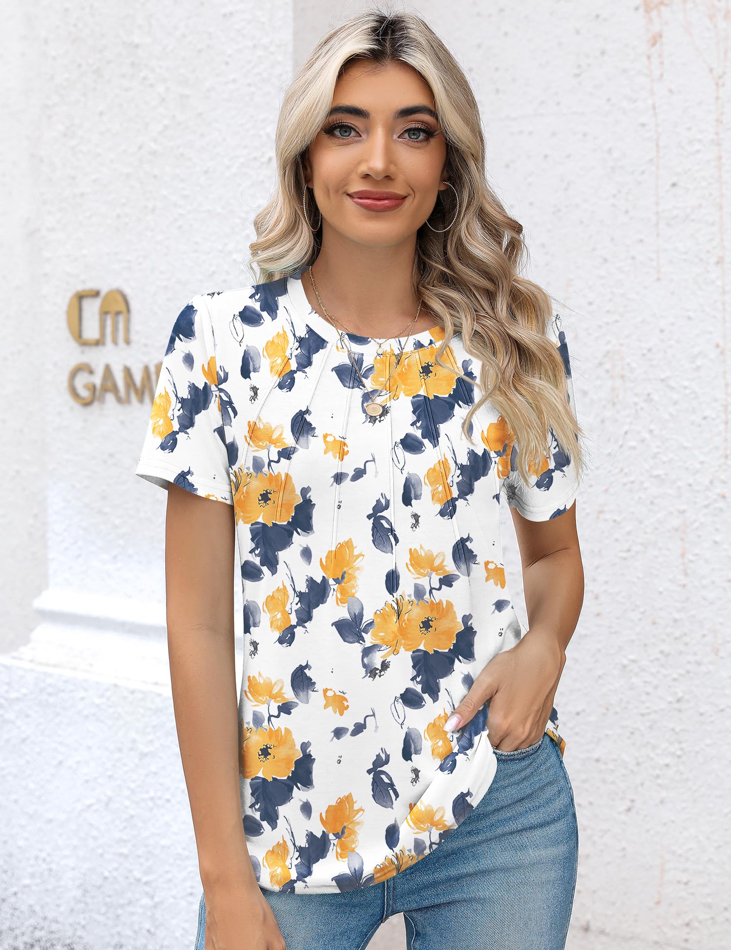 Kistore Womens Casual Crew Neck Short Sleeve Pleated Tops Blouses Fashion Clothes 2025