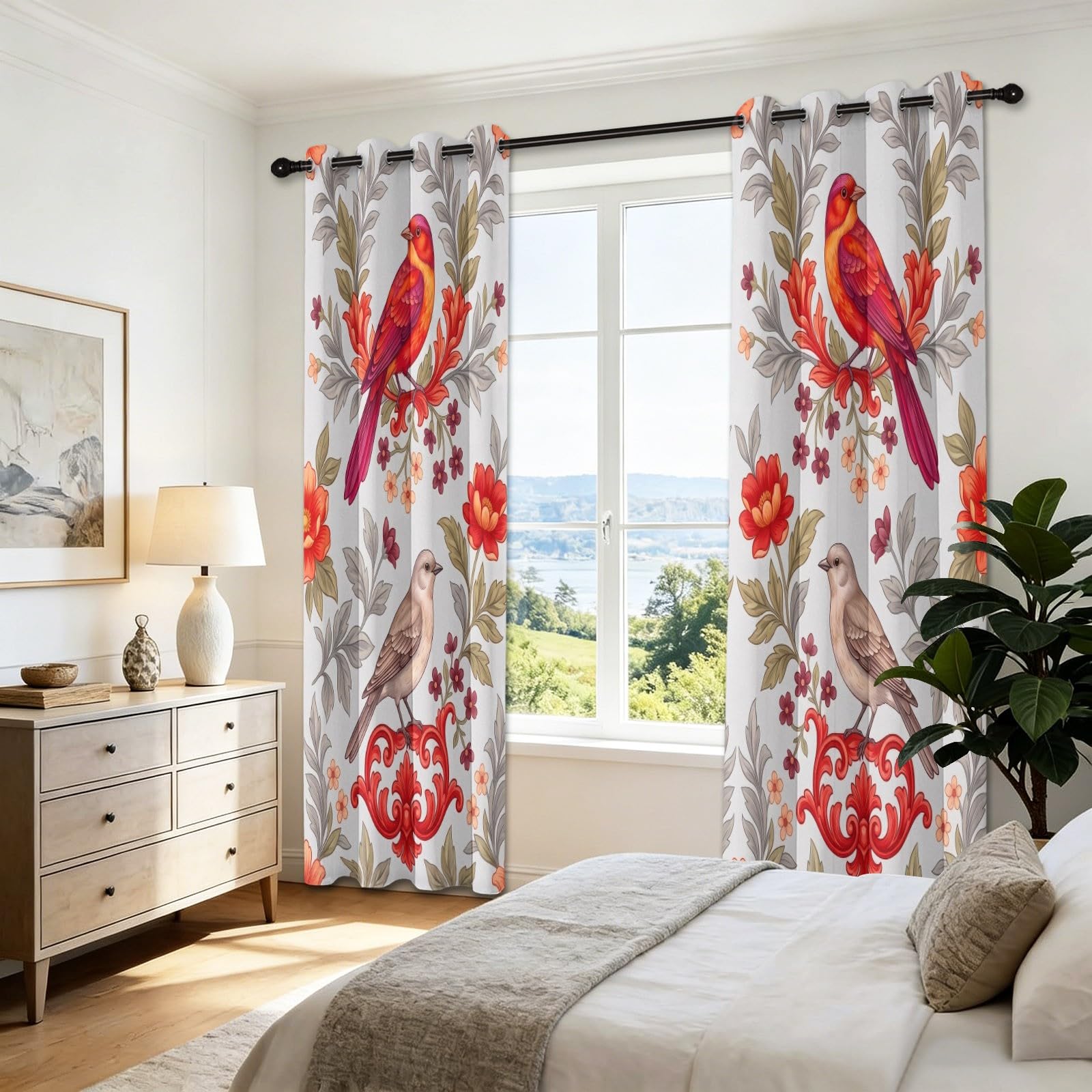 Zasłony zaciemniające szer. 117 cm x dł. 183 cm do sypialni, salonu, wzór ptaków, styl vintage, kwitnący las, zasłony z przelotkami, izolacja termiczna, redukcja hałasu, zasłony okienne, 2 panele