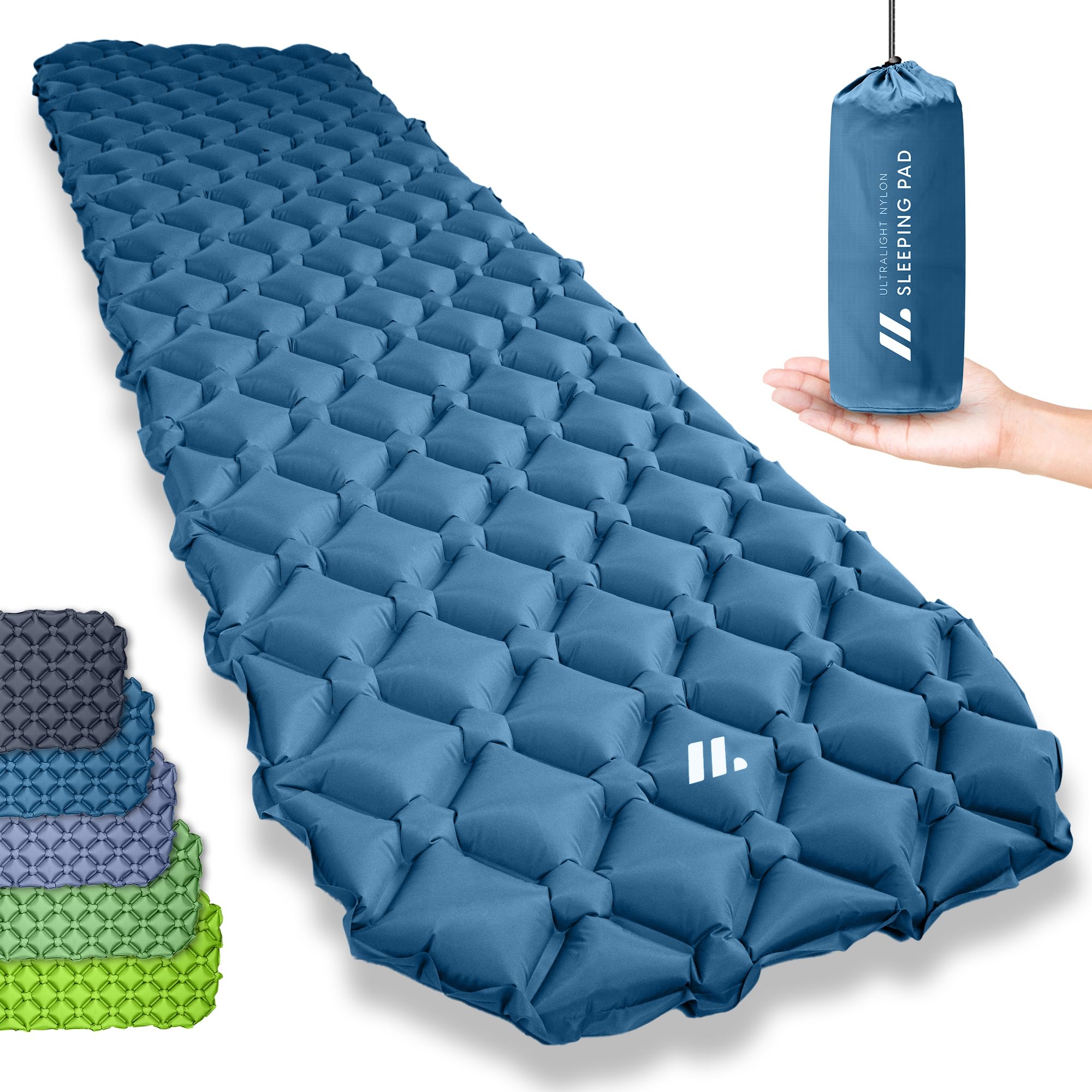 NORDMUT® Materassino Ultralight [con Kit di Riparazione] – Materasso Gonfiabile da Campeggio, Compatto – Materassino Outdoor Impermeabile per Tenda & Festival (Blu)