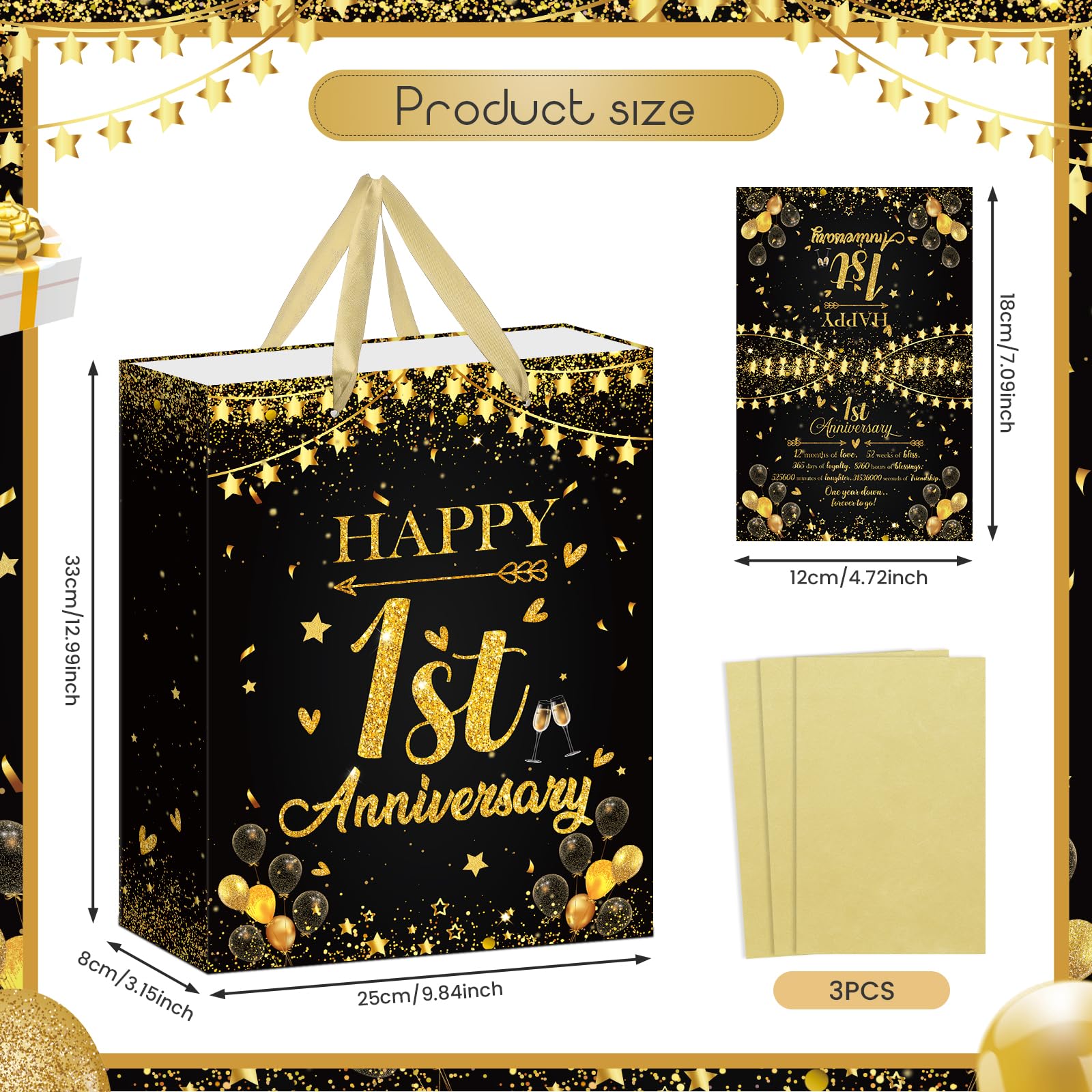 Happy 1st Anniversary Party Favor Bag Black Gold One Year Wedding Anniversary Wrapping Paper Bag with Tissue Paper and Greeting Card First Wedding Candy Goodies Treat Bags for Couple Wife Husband