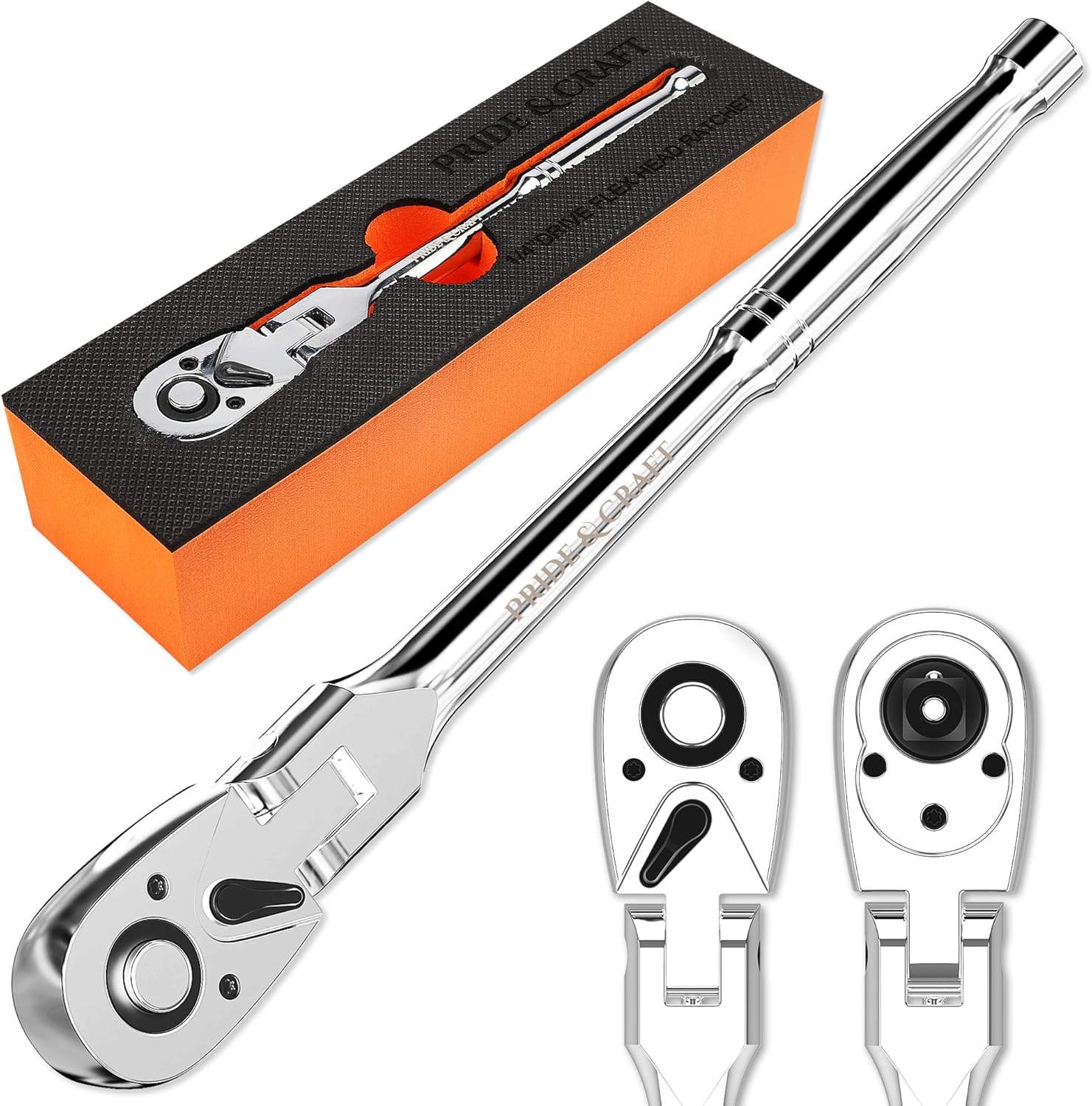 PRIDE&CRAFT 1/2" Drive Flex Head Ratchet 72-Tooth, Socket Wrench Quick Release Reversible Design, Swivel Head Ratchet, Chrome Alloy Made, EVA Organizer