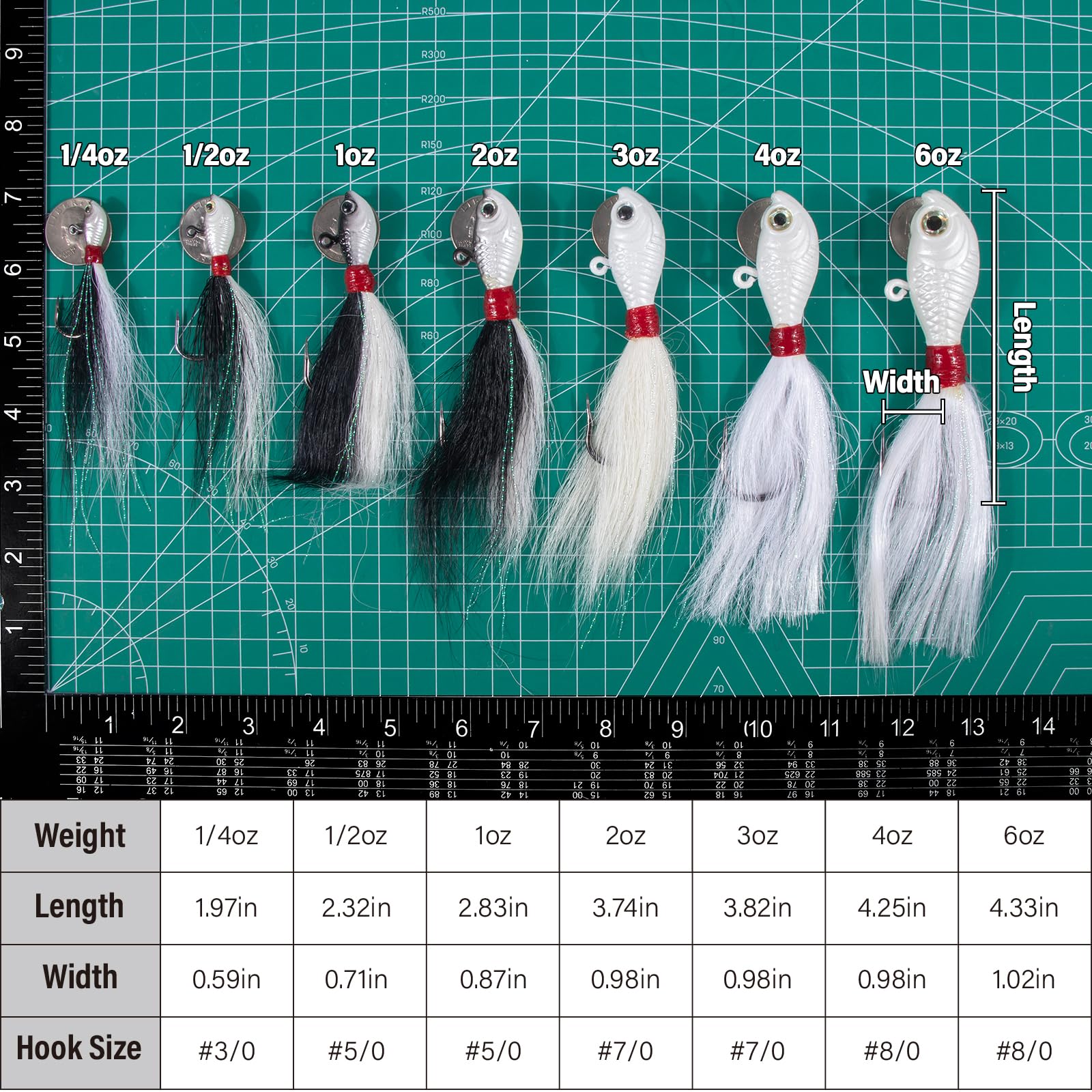 Dr.Fish 3 Pack Bucktail Jig Lure Hair Jig Saltwater Freshwater Lures Surf Fishing White Red Chartreuse Bass Flounder Striper Bluefish Halibut Redfish 1/2oz, 1oz, 2oz, 4oz, 6oz