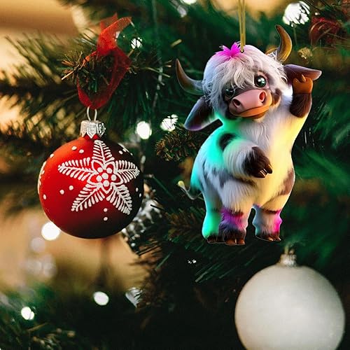 Miniatura 3 de Decoración de árbol de Navidad de vaca de las montañas, adorno colgante de Navidad de vaca de las tierras altas 2D plano 2D, colgante de vaca de las