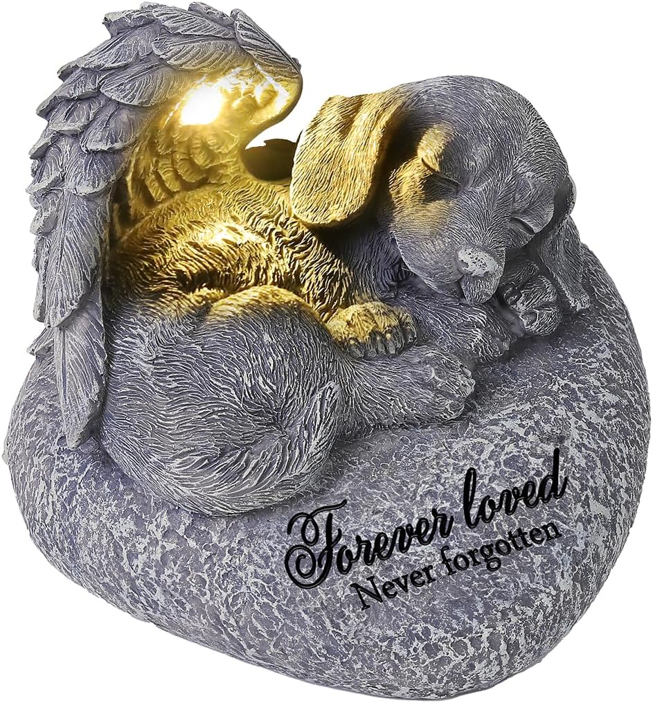 Pet Memorial Gifts for Dogs,Hand-Sculpted Resin Pet Loss Sympathy Gift with LED Light, Pet Angel Sleeping Dog Memorial Stone Statue Pet Headstone Grave Markes for Loss Dog Sympathy Gift