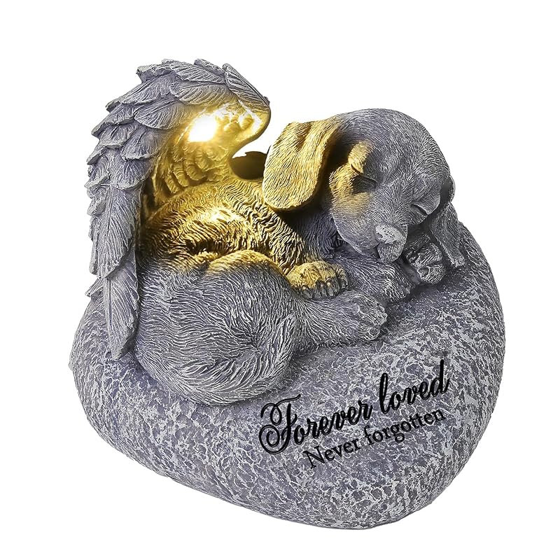 Memorial para cães com anjo, halo e luz LED solar QZWHLSM, 15,5 x 15 x 12,4 cm