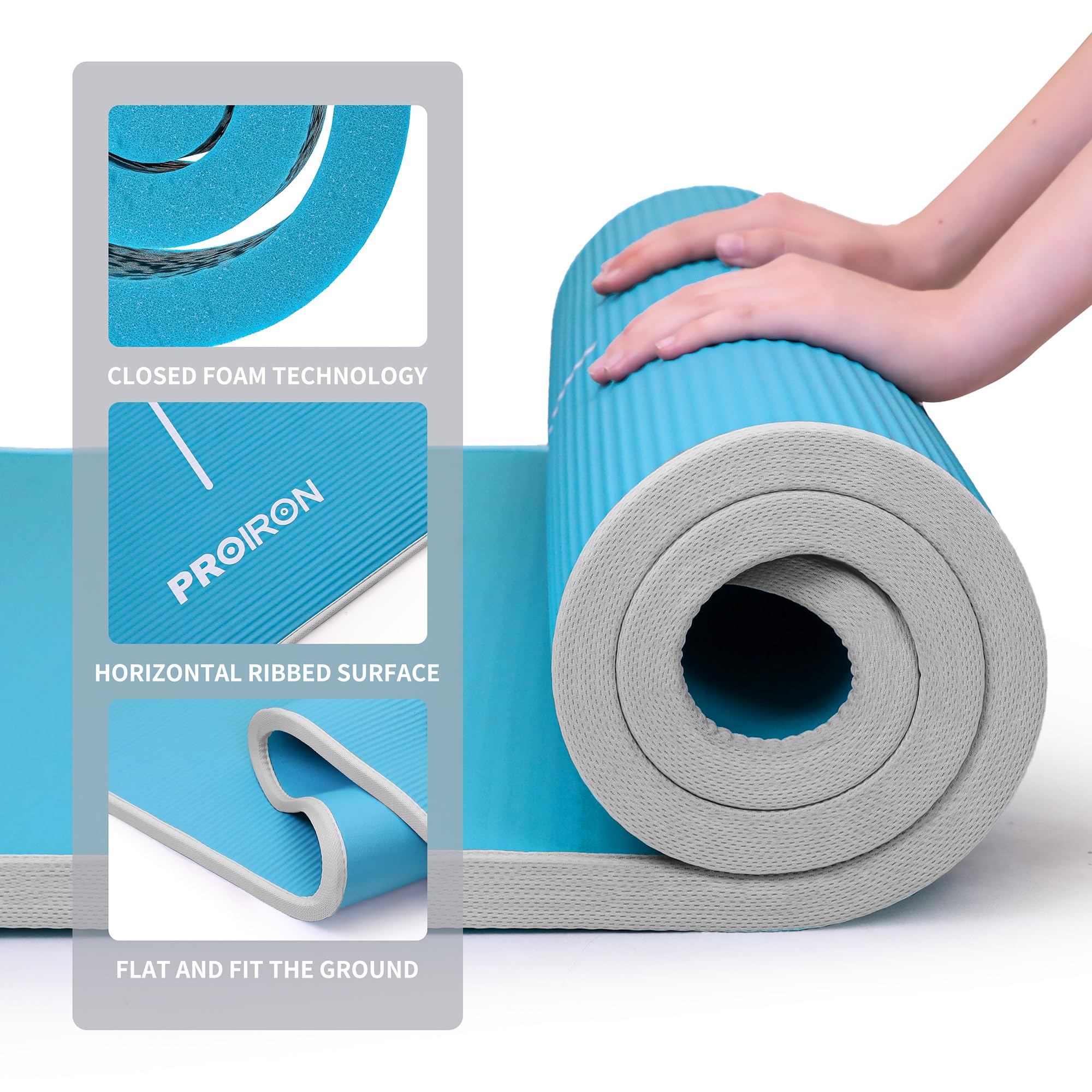PROIRON Tappetino Fitness Ultra Spessore 15 mm, Ideale per Yoga, Pilates, Ginnastica, Palestra Allenamento, Antiscivolo Ultra Morbido Materiale NBR, Ecocompatibile con Cinturino, 1800 x 610 x 15mm