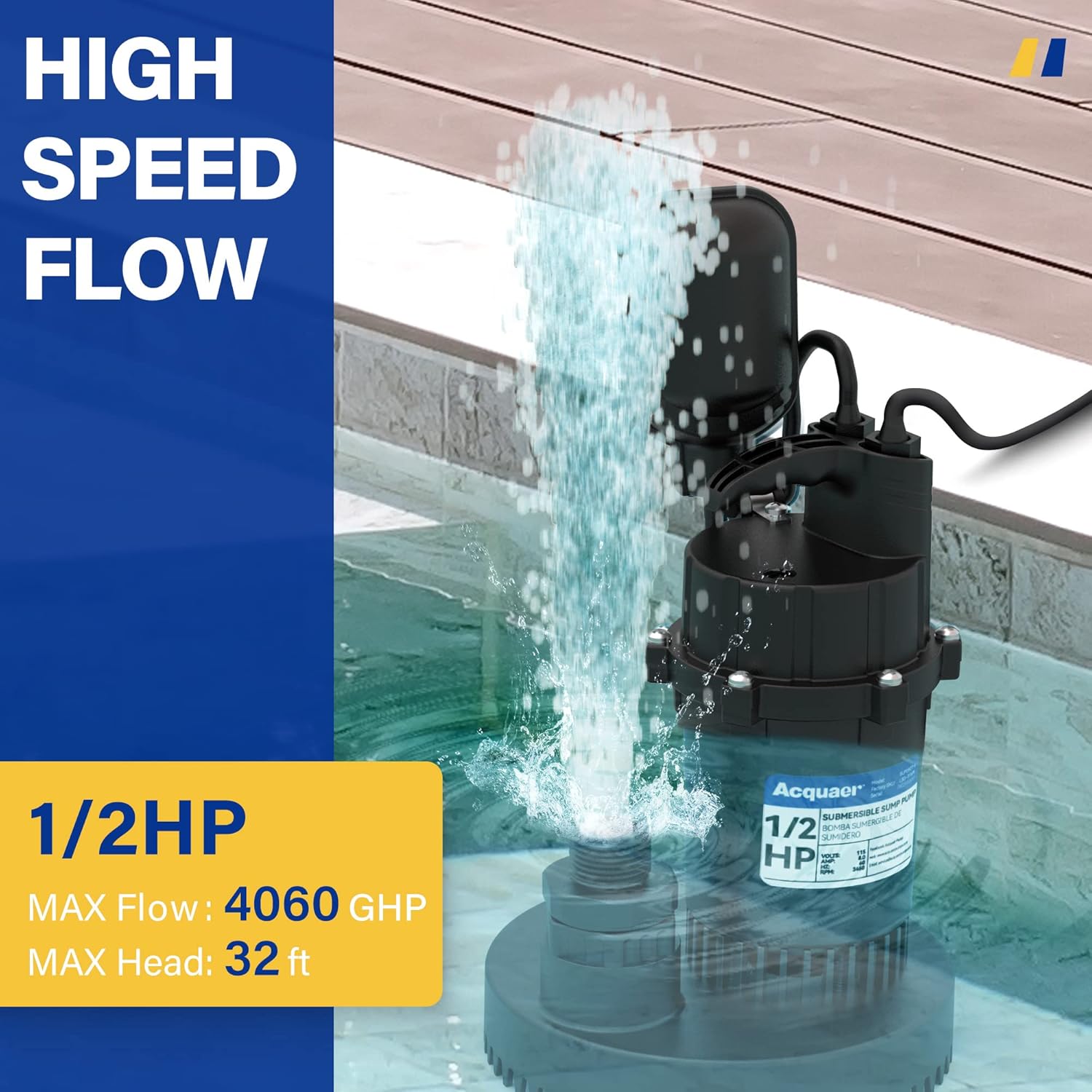 Acquaer 1/2HP Sump Pump, 4060GPH Submersible Clean/Dirty Water Pump with Adjustable Float Switch for Garden Pool,Basement, Flooded House, Hot Tub and Irrigat&Acquaer 1-1/2" x 50 FT Pool Backwash Hose