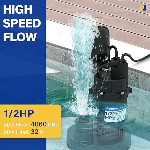 Miniatura 4 de Acquaer Bomba de sumidero de 12 HP, bomba sumergible de agua limpiasucia de 4060 GPH con interruptor de flotador ajustable para jardín, piscina,