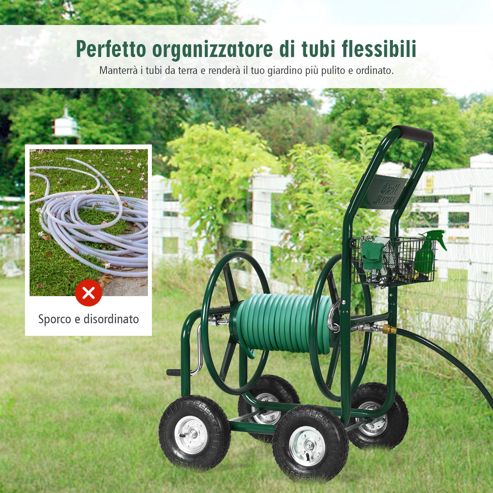 RELAX4LIFE Carrello Avvolgitubo da Giardino, Carrello di Irrigazione Mobile con Ruote ø26cm in Gomma e Cestino Portaoggetti, 95 x 62 x 113 cm