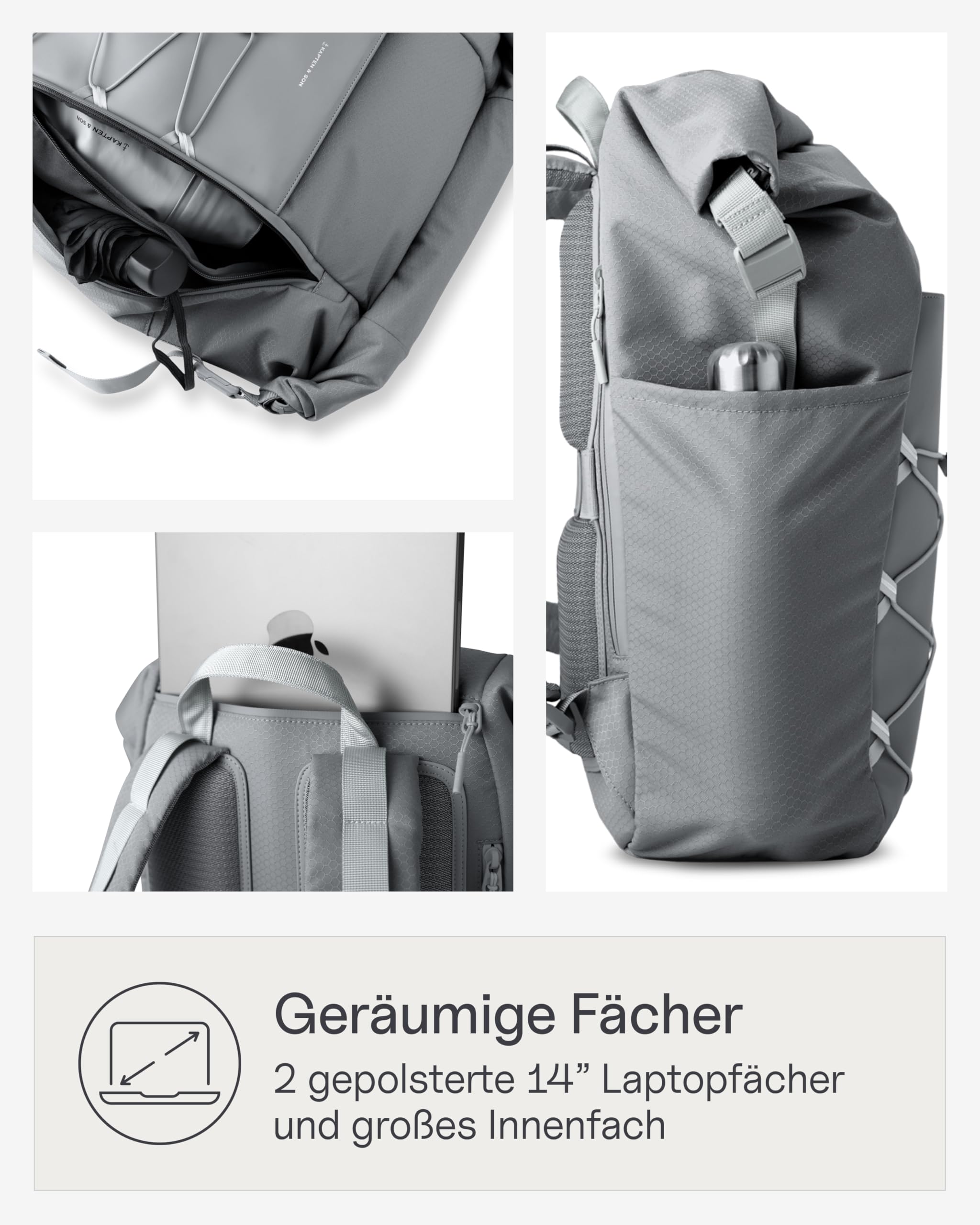 Kapten & Son Rucksack Yoho Stone Grey 24-30 L | Rolltop Rucksack Damen & Herren Grau | Handgepäckrucksack mit 14 Zoll Laptopfach & seitlicher Öffnung | Backpack ideal für Reisen, Uni, Arbeit, Sport