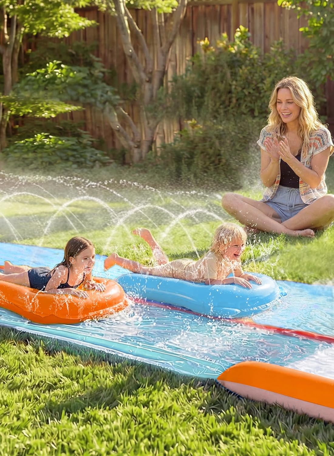 Sloosh 32.5ft Water Slide with 2 Inflatable Boards,Double Lane Lawn Water Slip Sprinkler Long Slides with for Kids Adults Backyard Summer Outdoor Toy