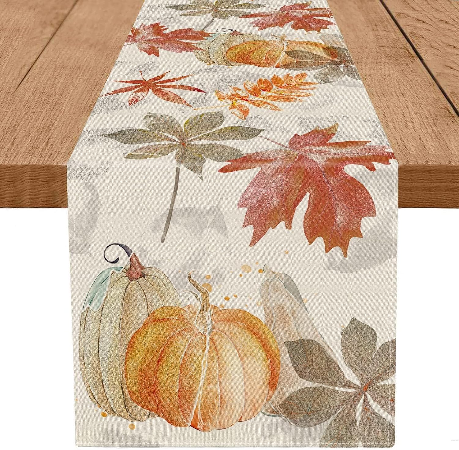 Fall Table Runner Pumpkin Maple Leaf Watercolor Vintage Table Runners Seasonal Autumn Thanksgiving Harvest Home Kitchen Dining Party Decorations 13x108 Inch
