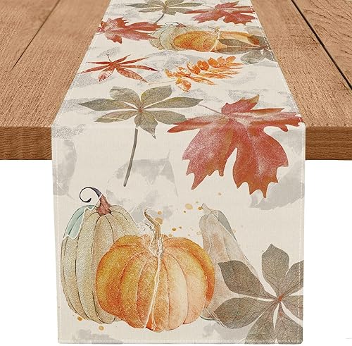 Camino de mesa de otoño, calabaza, hoja de arce, acuarela, vintage, para otoño, cosecha, hogar, cocina, comedor, fiesta, 13 x 48 pulgadas