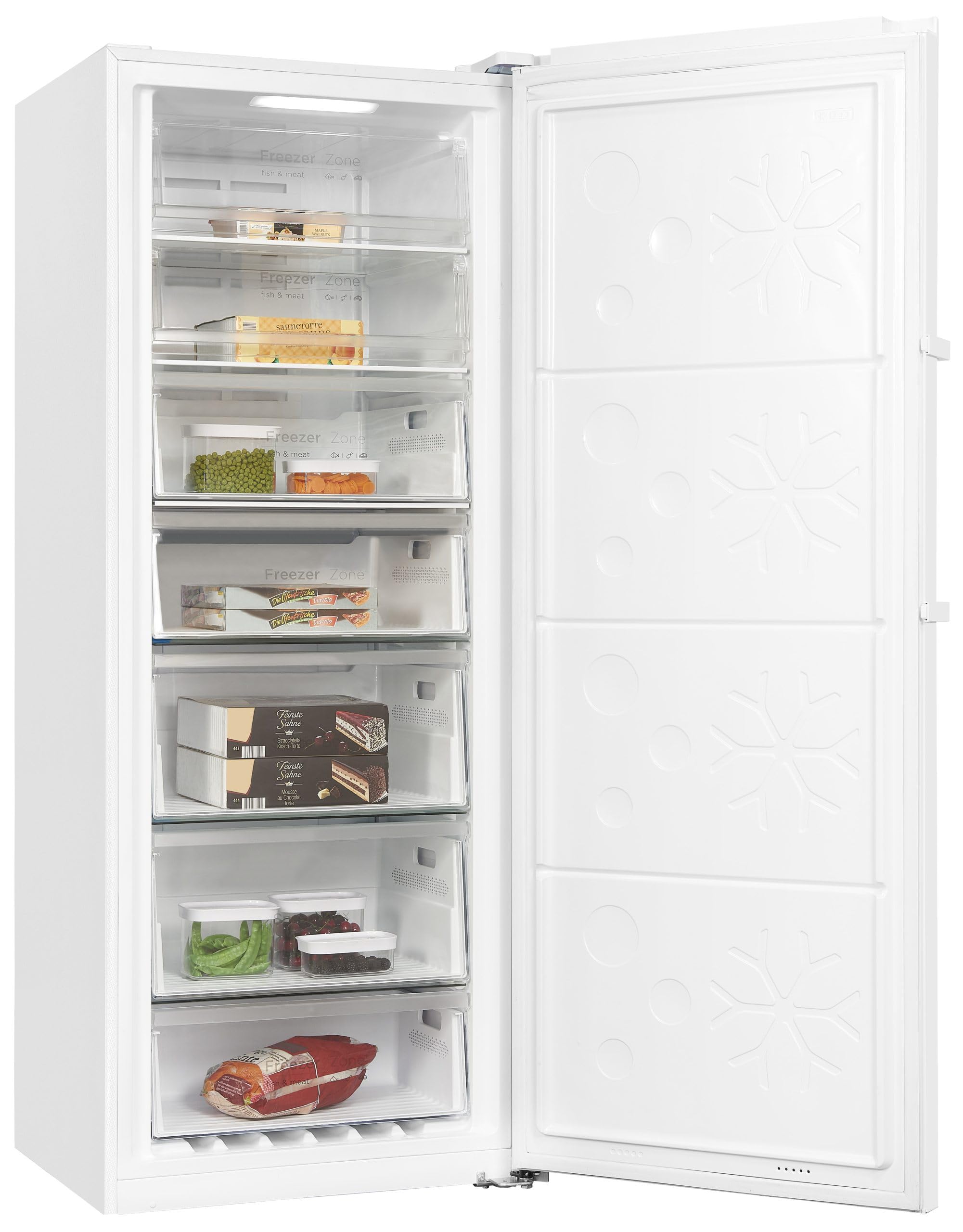 Exquisit® Congelador Vertical, 380L, Clase E, Color Blanco, Tecnología No-Frost, 5 Bandejas, 2 Compartimientos, Cajon BigBox XL, Enfriamiento Rápido, Consumo 282 kWh/año, Medidas 185,5x71x71 Cm.