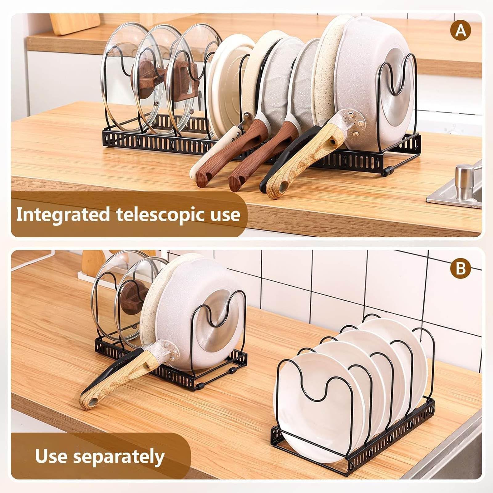 Topfregal, erweiterbarer Topfdeckelhalter für Küchenschrank, Topfregal mit 10 verstellbaren Fächern, Küchenschrank, Kochgeschirr, Backen, Bratregal, Küchenschrank-Organizer-Halter für Schneidebrett