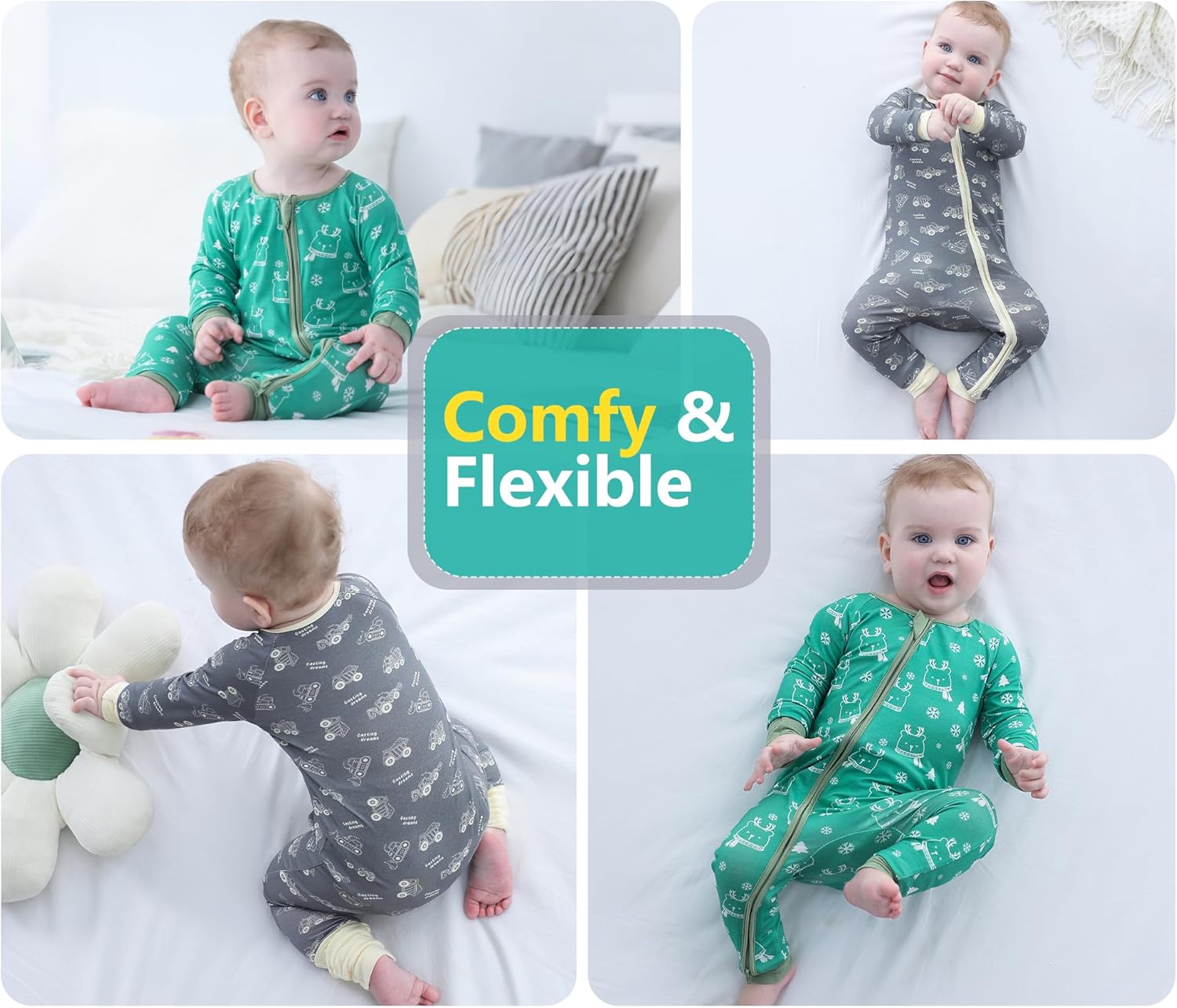 HAHASHOW Onepiece Romper 2-Pack Baby Boy Girl Newborn Zip Up Outfit Long Sleeve Rollover cuffs Christmas 0-24 Months