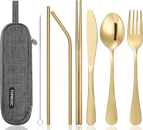 Portable Stainless Steel Flatware Set, Travel Camping Cutlery Set, Portable Utensil Travel Silverware Dinnerware Set with a Waterproof Case (Gold)