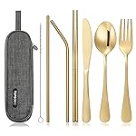 Portable Stainless Steel Flatware Set, Travel Camping Cutlery Set, Portable Utensil Travel Silverware Dinnerware Set with a Waterproof Case (Gold)