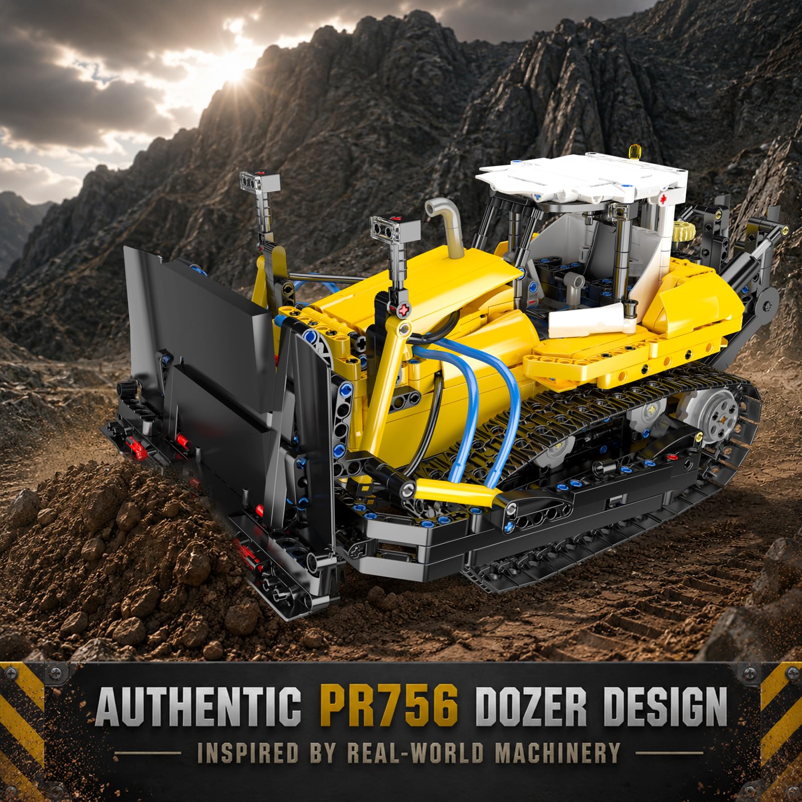 Mould King 19019 Technik MOC PR756 Pneumatischer Bulldozer-Baustein-Modell, Baustellen-Raupenfahrzeug Technologie Klemmbausteine Bausatz Erwachsenen-Bastel-Sammlung 14+（1200+ Teile）