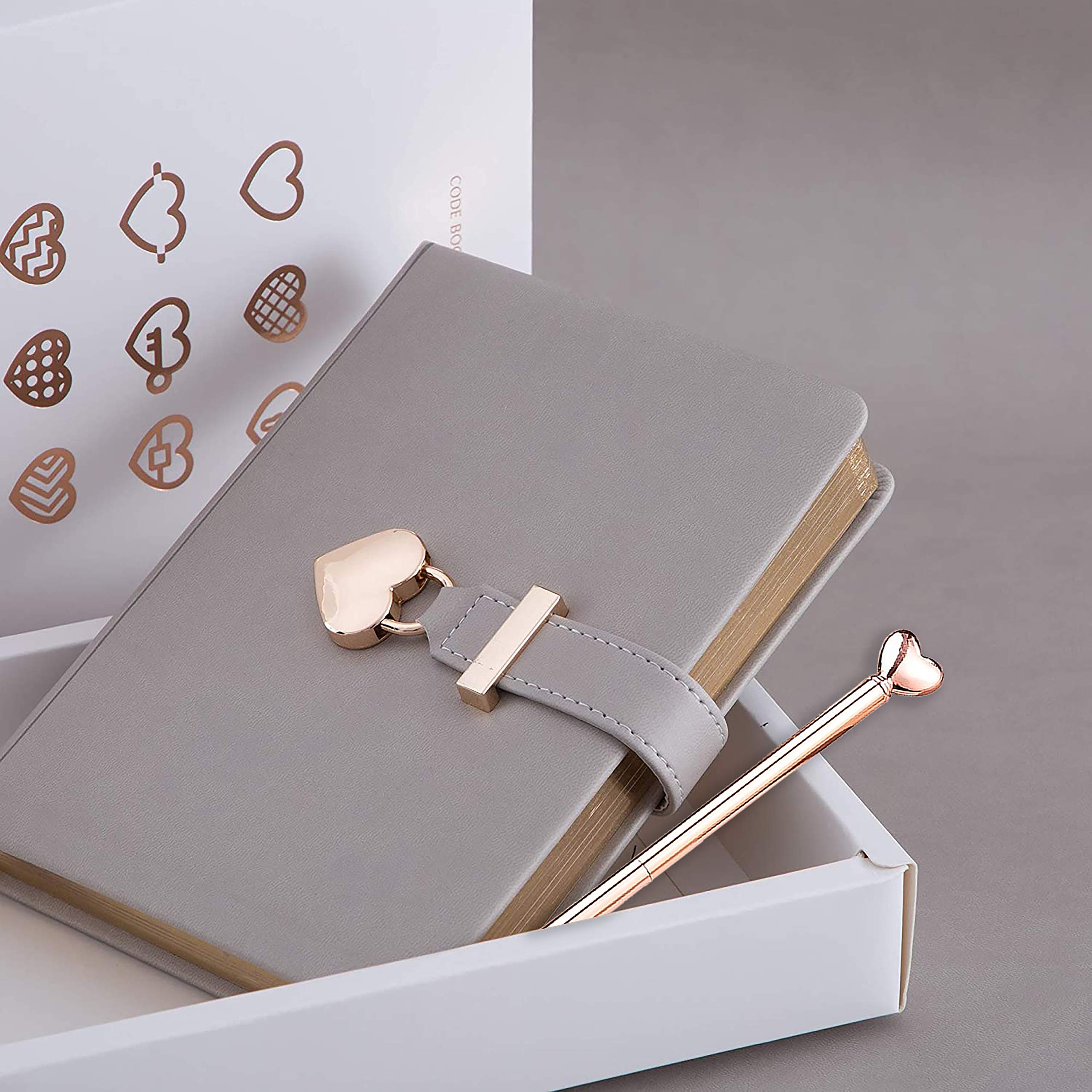 Poshieca Heart Shaped Lock Diary With Key Pu Leather Cover Journal Personal Organizers Secret Notebook For Girls Women B6 Size 5 3x7inch Diary With Rose Gold Metal Ballpoint Pen Grey - View #9