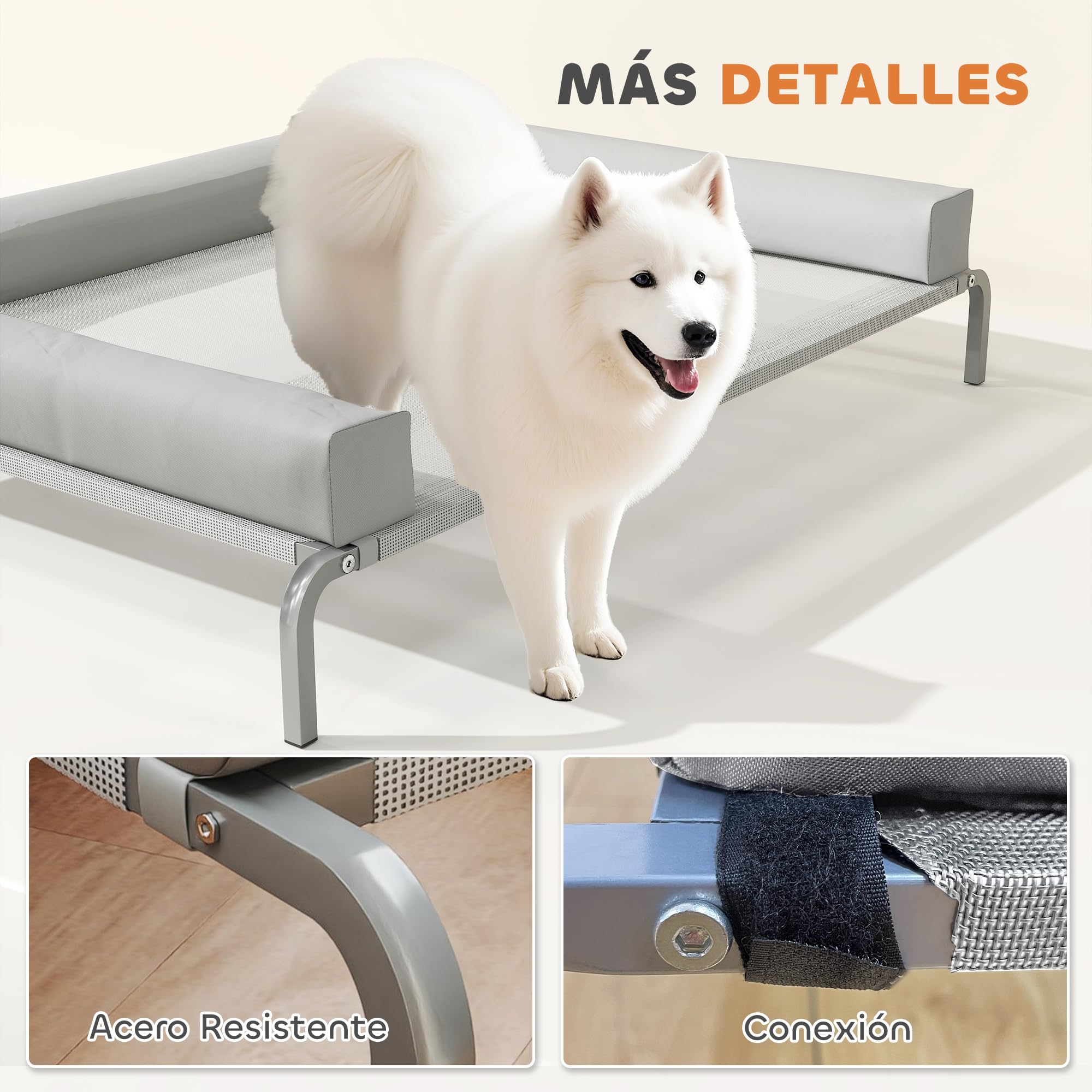 PawHut Cama Elevada para Perros Refrescante con Refuerzos Extraíbles Cama Elevada para Perros Grandes Portátil con Malla Transpirable Marco de Acero para Interior Exterior 130x90x30 cm Gris Claro