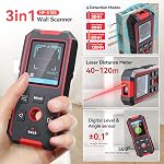 NOYAFA Stud Finder Scanner mural rechargeable, mesure laser 60M/196ft | 3 en 1 Recherche de goujons & Compteur de distance laser & Niveau numérique, détecteur mural pour le bois AC Détection des goujons métalliques en fil vif
