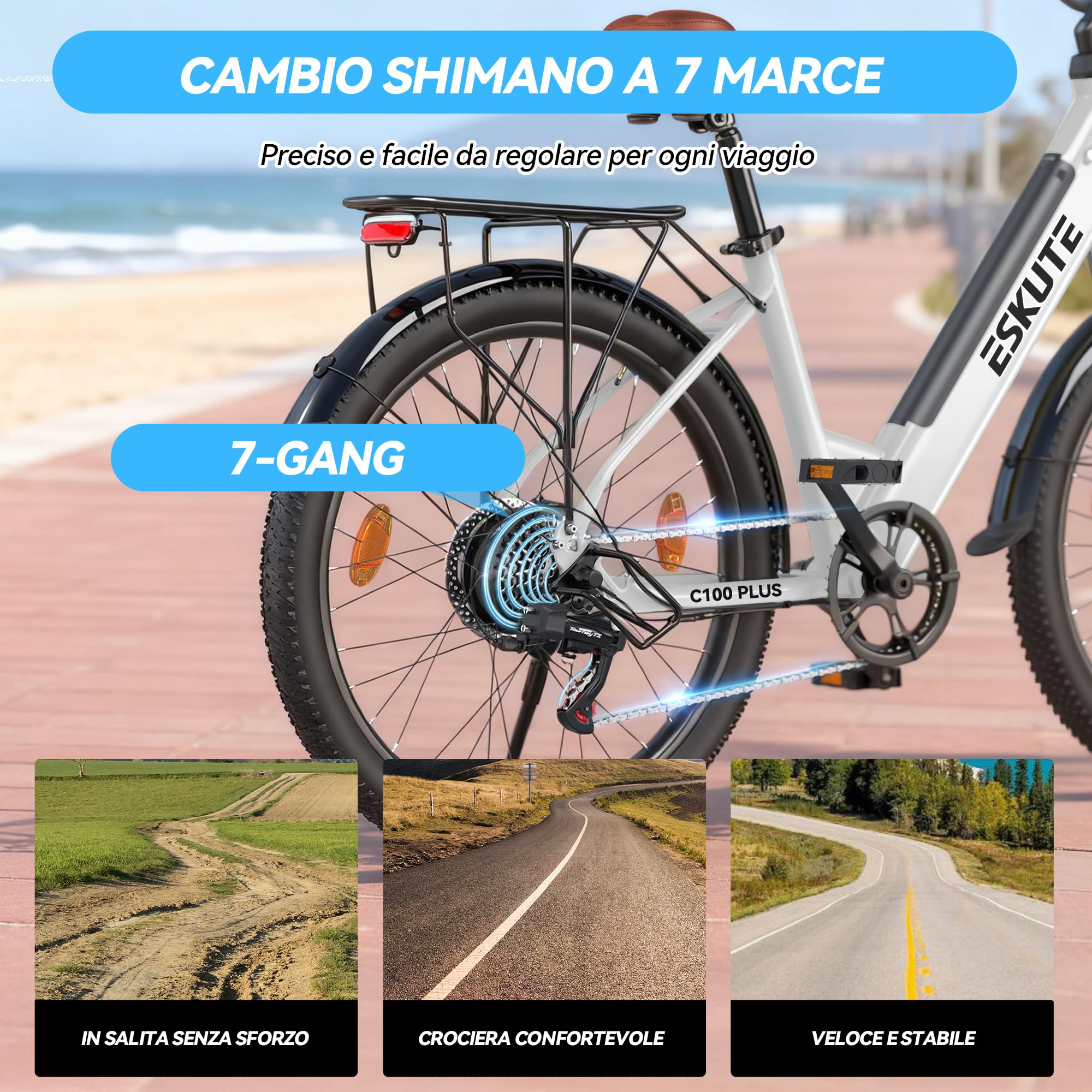 ESKUTE C100 Plus Bici Elettrica, 26 Pollici Bicicletta Elettrica, Motore 250W, Batteria Rimovibile 36V 13Ah, Velocità Massima di 25 km/h, 7 Velocità, Display LCD, E-bike per Adulti