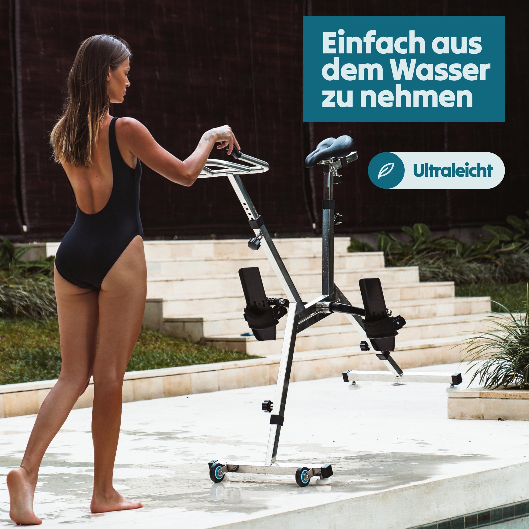 LOVEE Aquabike V2 Pool-Fahrrad, doppelter Modus, Sport und Komfort – Edelstahl 316, Chlor- und Meerwasserbeständigkeit – verwendbar auf allen Beschichtungen – 1,10 m bis 1,50 m Tiefe