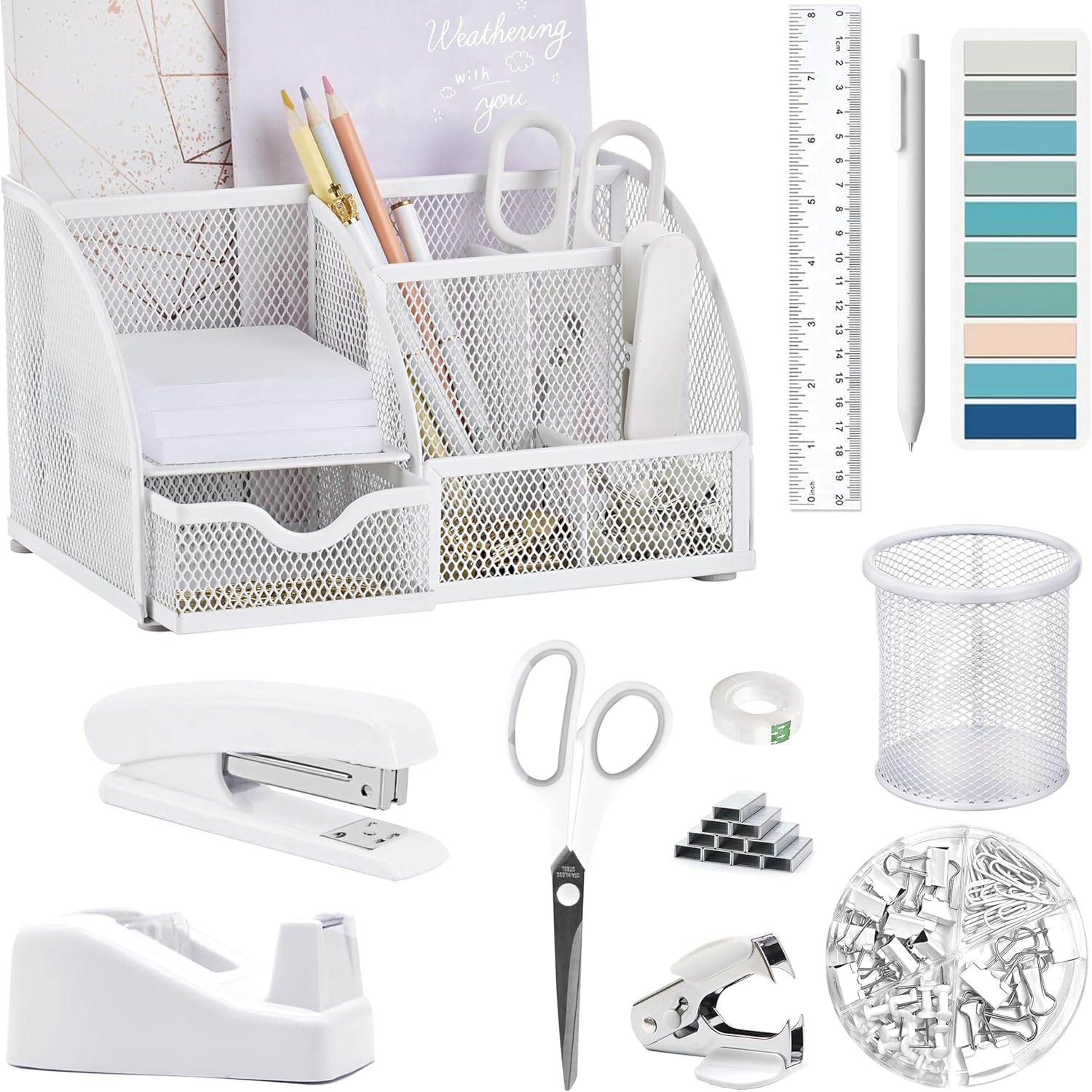 White Office Desk Accessories Supplies Desk Organizer 12 Pcs Tape Dispenser and Stapler Stapler Needle Remover Pen Holder Scissors Ruler Adhesive Tab Tape Ballpoint Pen Clip Set