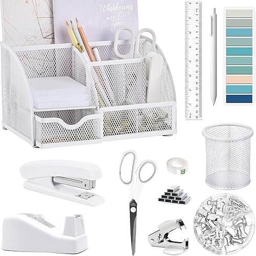 Suministros de accesorios de escritorio de oficina, 12 organizadores de escritorio y accesorios con dispensador de cinta y grapadora, grapas,