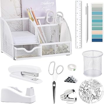 White Office Desk Accessories Supplies, 12pcs Desk Organizers and Accessories with Tape Dispenser and Stapler,Staples,Staple Remover,Pen Holder,Scissor,Ruler,Sticky Tabs,Tape,Ballpoint Pen,Clips Set