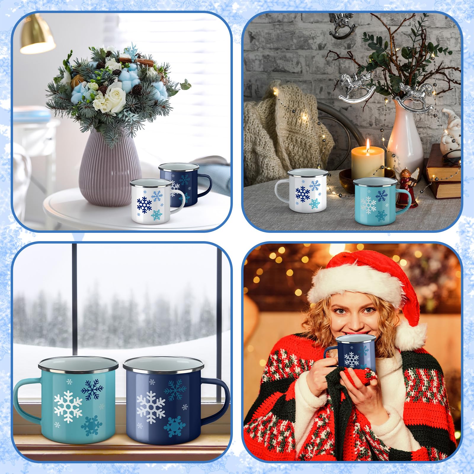 Baderke Emaille-Tassen-Set für den Winter, 325 ml, Schneeflocke, Weihnachten, Emaille-Tassen, blau und weiß, Schneeflocken-Trinkbecher mit Griffen, für heiße Schokolade, Urlaub, Party, Geschenkzubehör