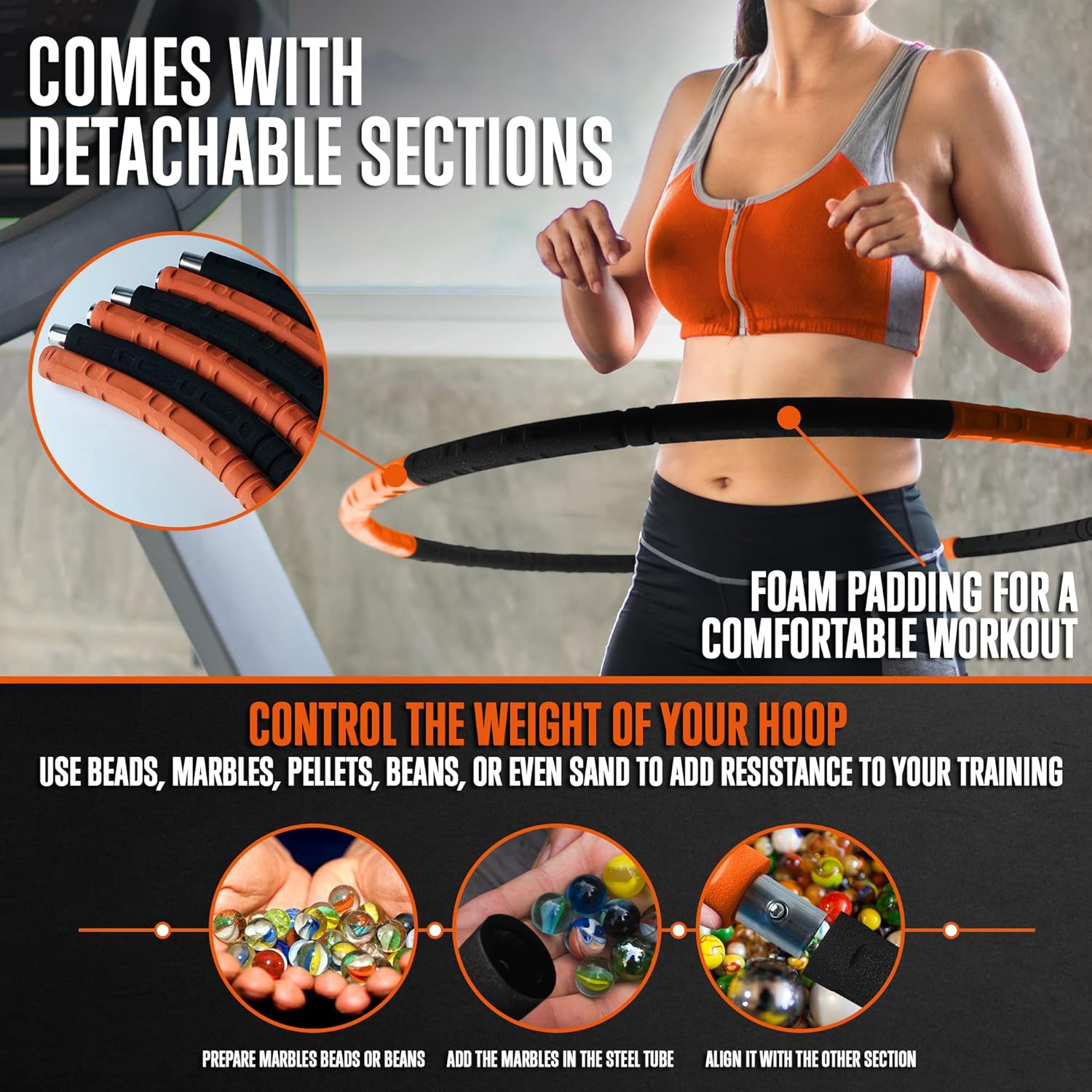 SQUATZ Exercise Hula Hoop for Adults Weight Loss - Weighted Hula Hoop for Workout, Adjustable & Detachable Weighted Hula-Hoop