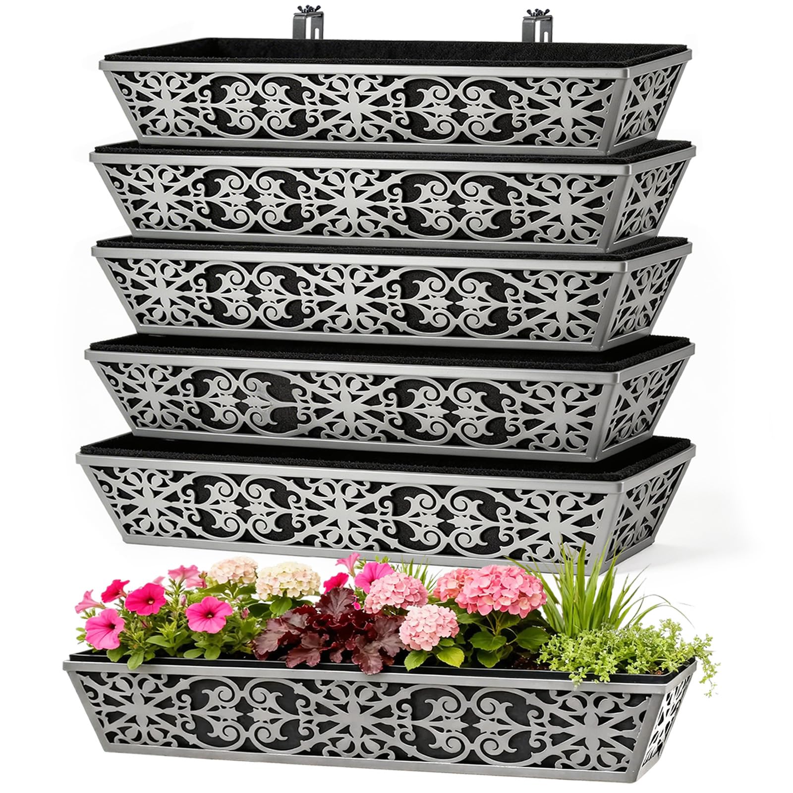 6 Pack 30 Inch Window Boxes Planter for Outdoor Plants Deck Railing Planters Box with Adjustable Brackets for Porch Fence Balcony Hanging Flower Baskets with Non-Woven Fabric Liner for Garden Décor