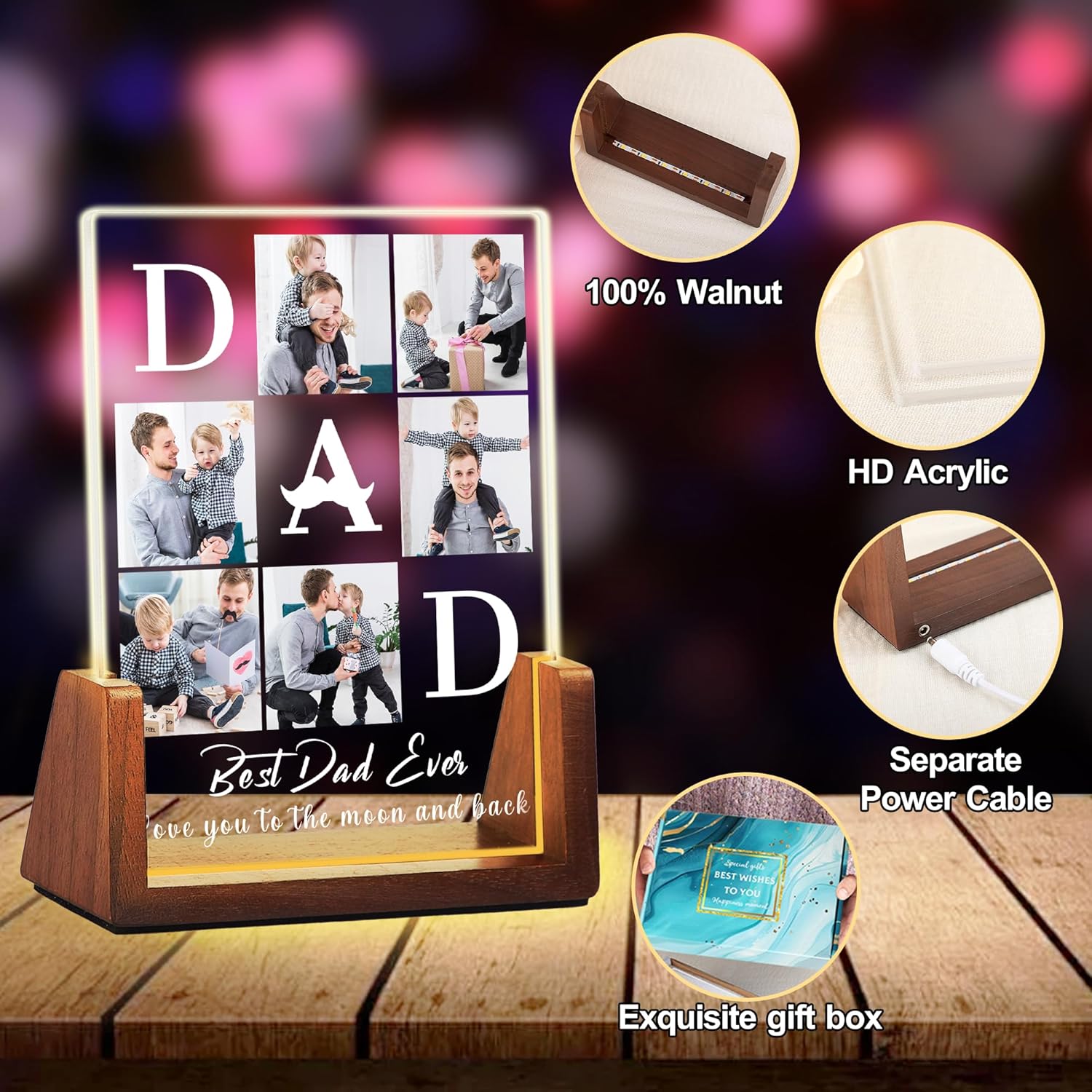 Personalized Fathers Day Birthday Christmas Gifts From Daughter Son Kids Wife, Custom Acrylic Picture Frame Night Light With Photo Text, Customized Best Dad Ever Gifts For Dad Papa Husband Men - Image 5