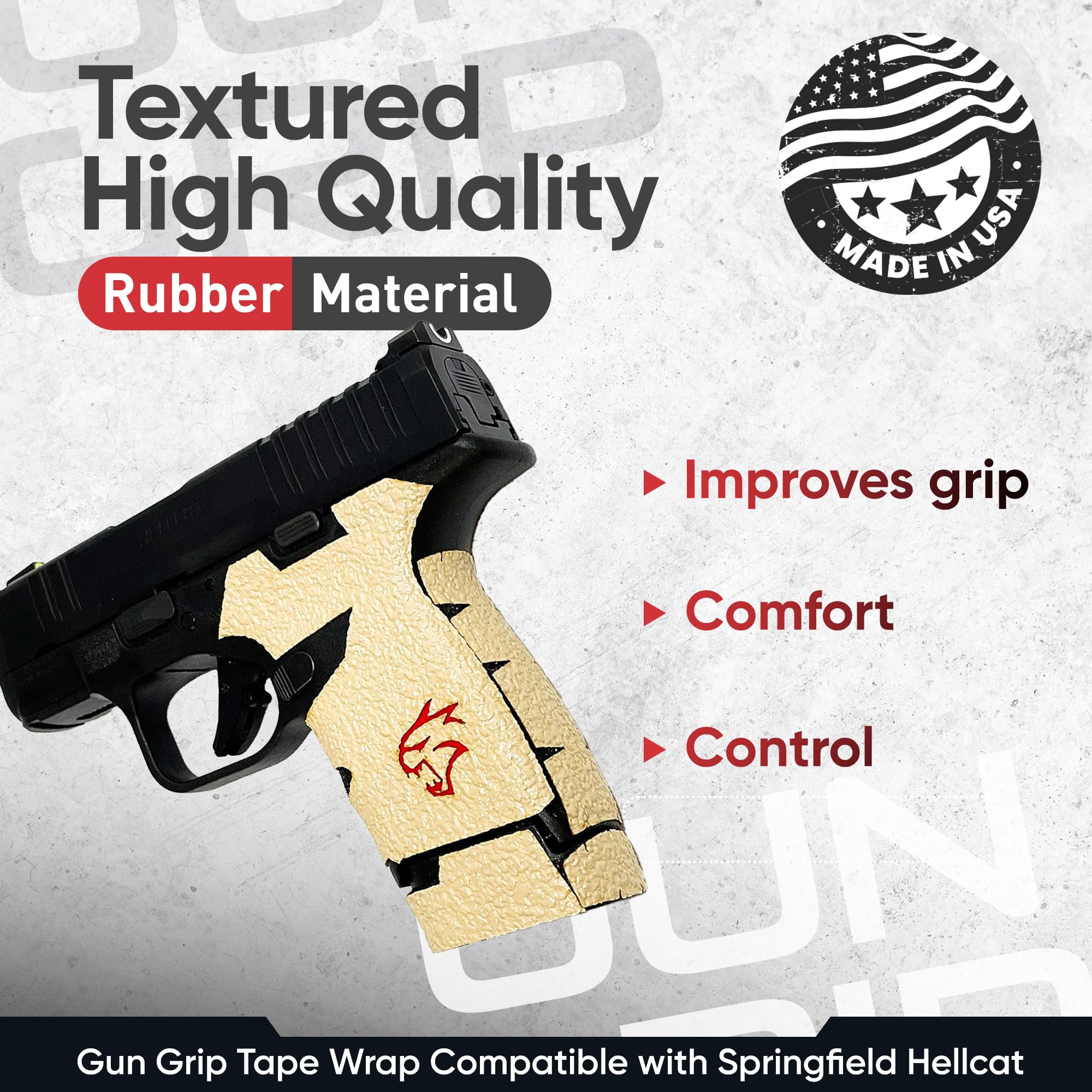 Handleitgrips Gun Grip Tape Compatible with Springfield Hellcat - Dessert Sand Textured Rubber Pistol Grip Tape with Red Insert & 13rd Magazine Grip, Gun Parts, Accessories, Veteran Owned, Made in USA